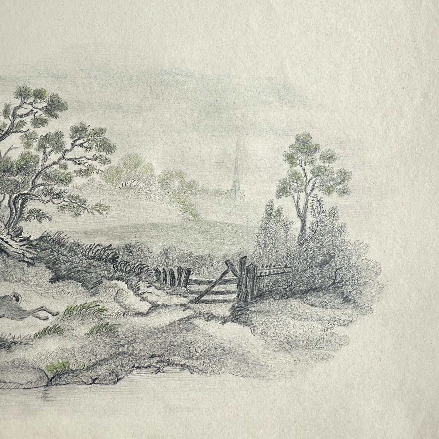 1830s Hare On the Run - Graphite and Color Pencil sketch of a landscape with trees, a fence, and a distant building.