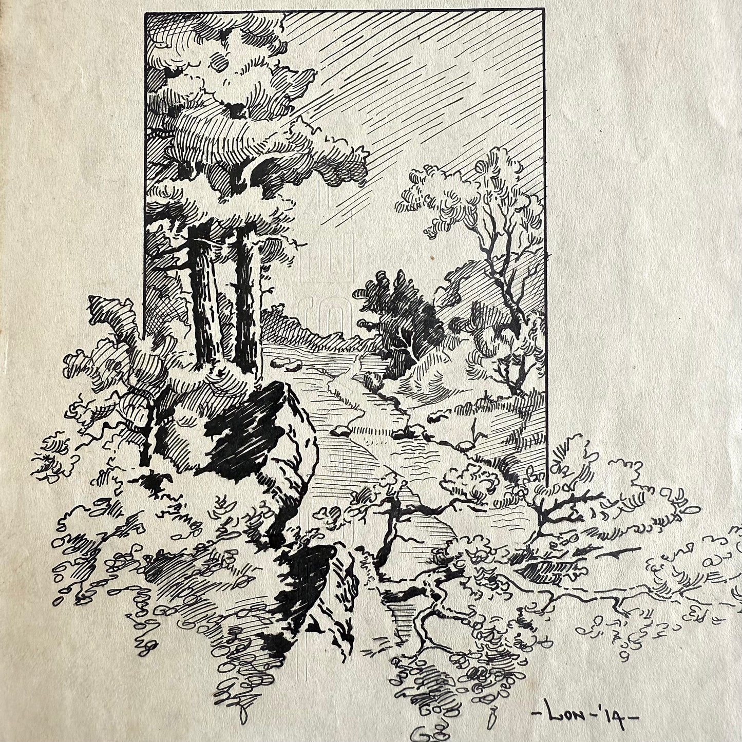 1914 Pen and Ink Landscape Black and white line drawing of a landscape with trees and a path on textured paper.