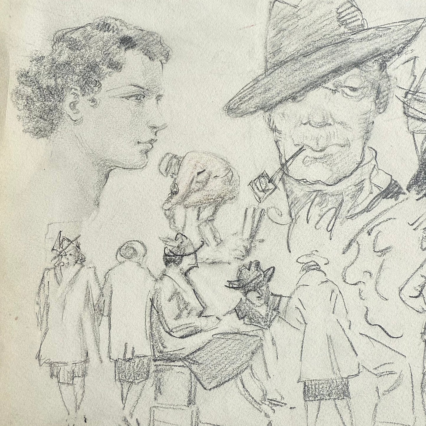 1930s Medley Of Figure Studies Pencil drawing of a group of people in candid street scenes