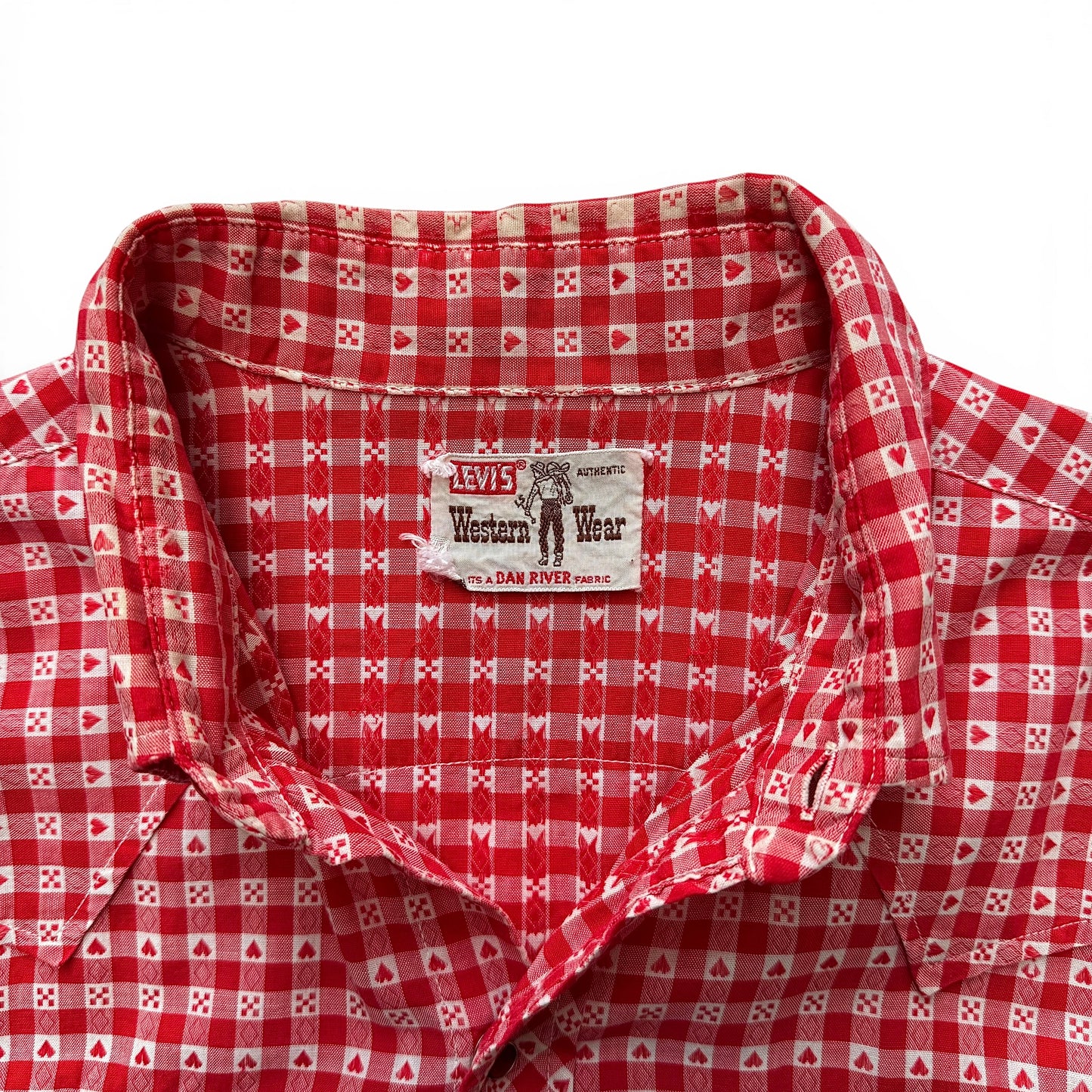 1960s Levi's Saddleman Western Shirt Red and white checkered shirt with Levi's label on a white background