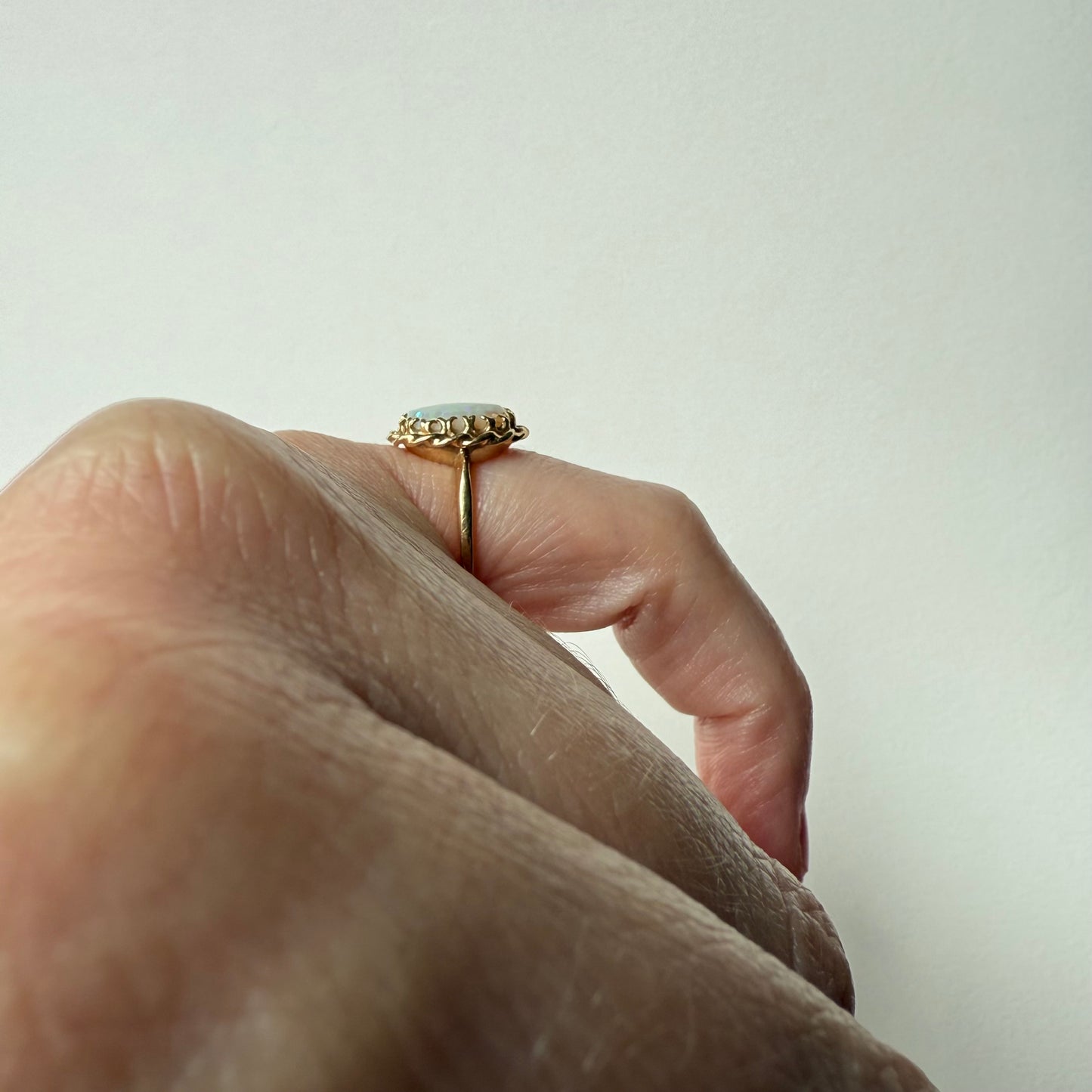 14K Twisted Rope Yellow Gold and Opal Halo Ring Size 4.25
