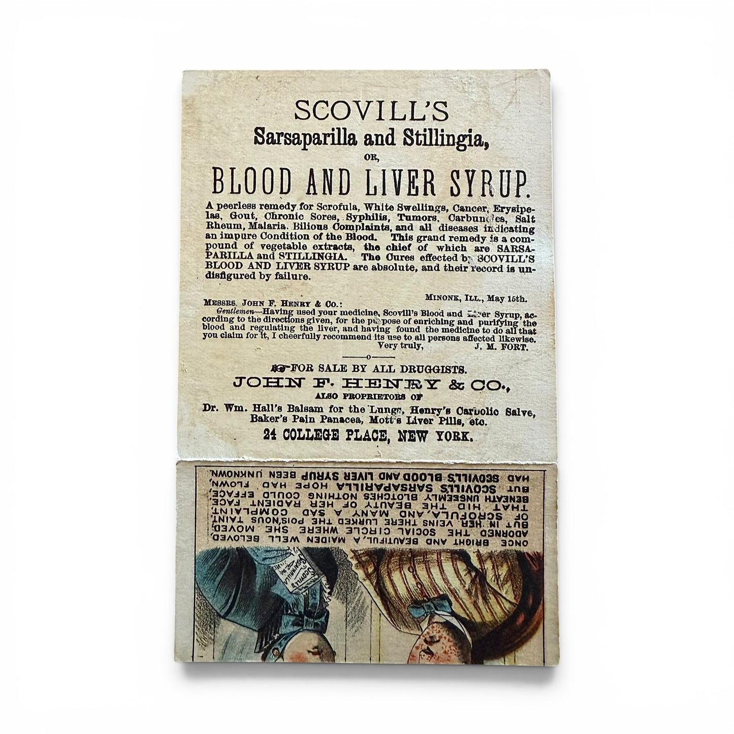 A Good Angel's Visit Sarsaparilla - Foldout Trade Card Vintage advertisement for Scovill's Blood and Liver Syrup on a white background