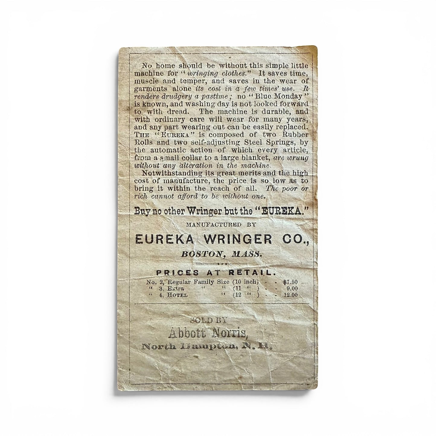 Vintage advertisement for Eureka Wringer Co. on a textured beige background