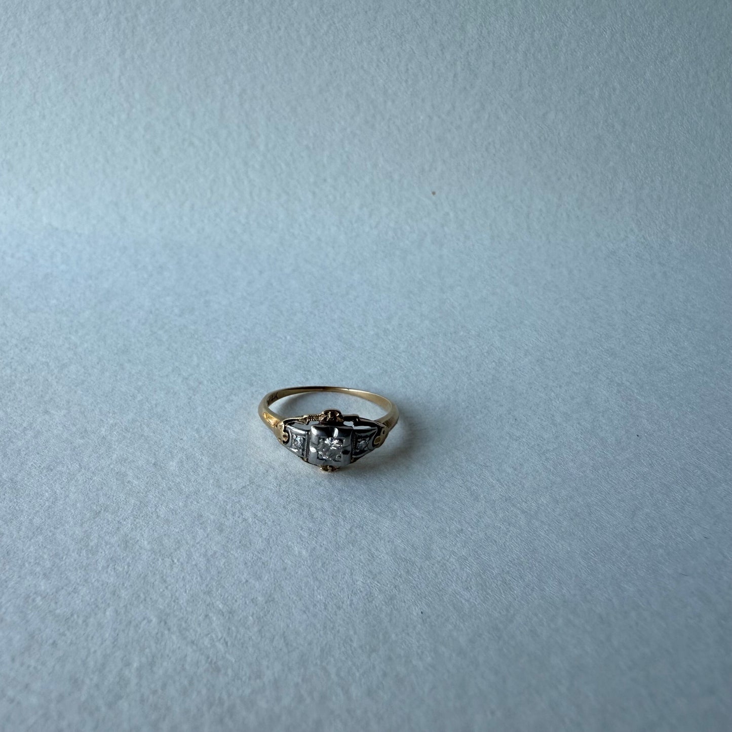 Art Deco Two Tone 14k Gold .10ct Old Cut Diamond Ring Size 4.5
