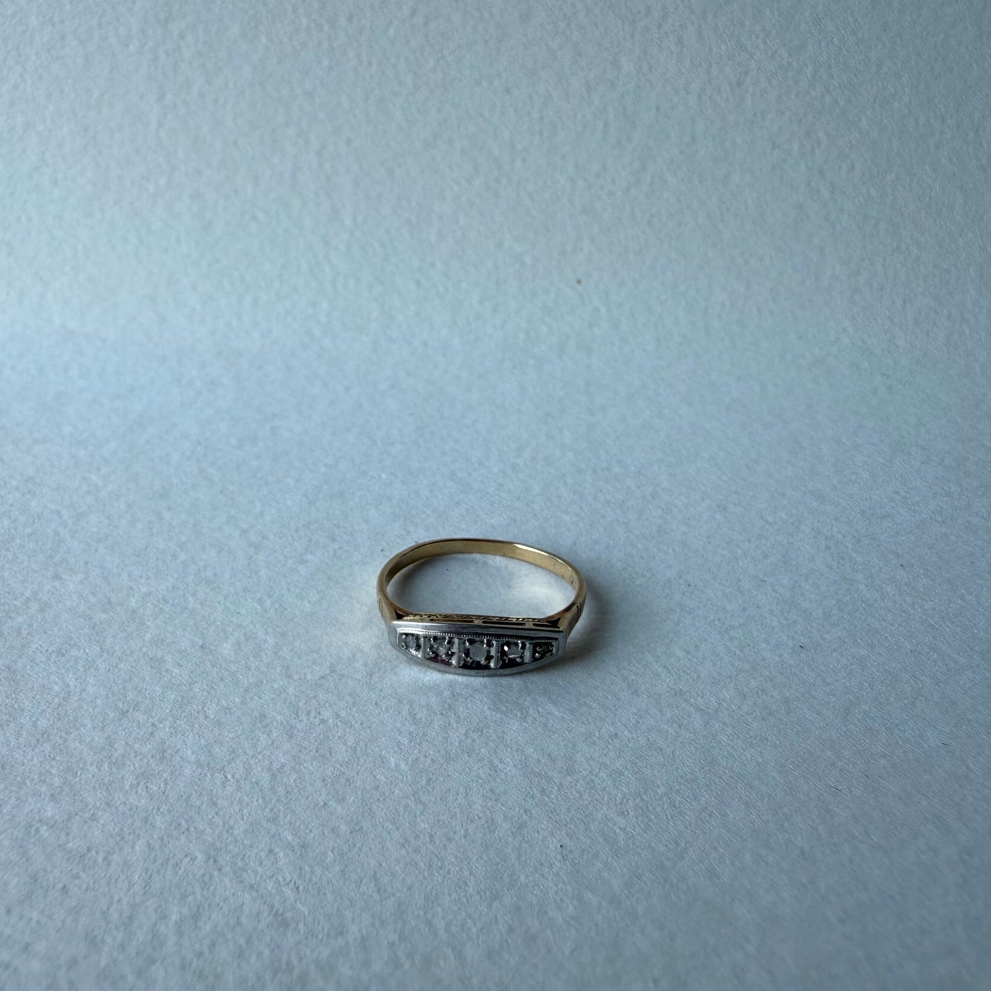 Art Deco 5 Rose Cut Diamond 18K Yellow Gold and Platinum Ring Size 6.75