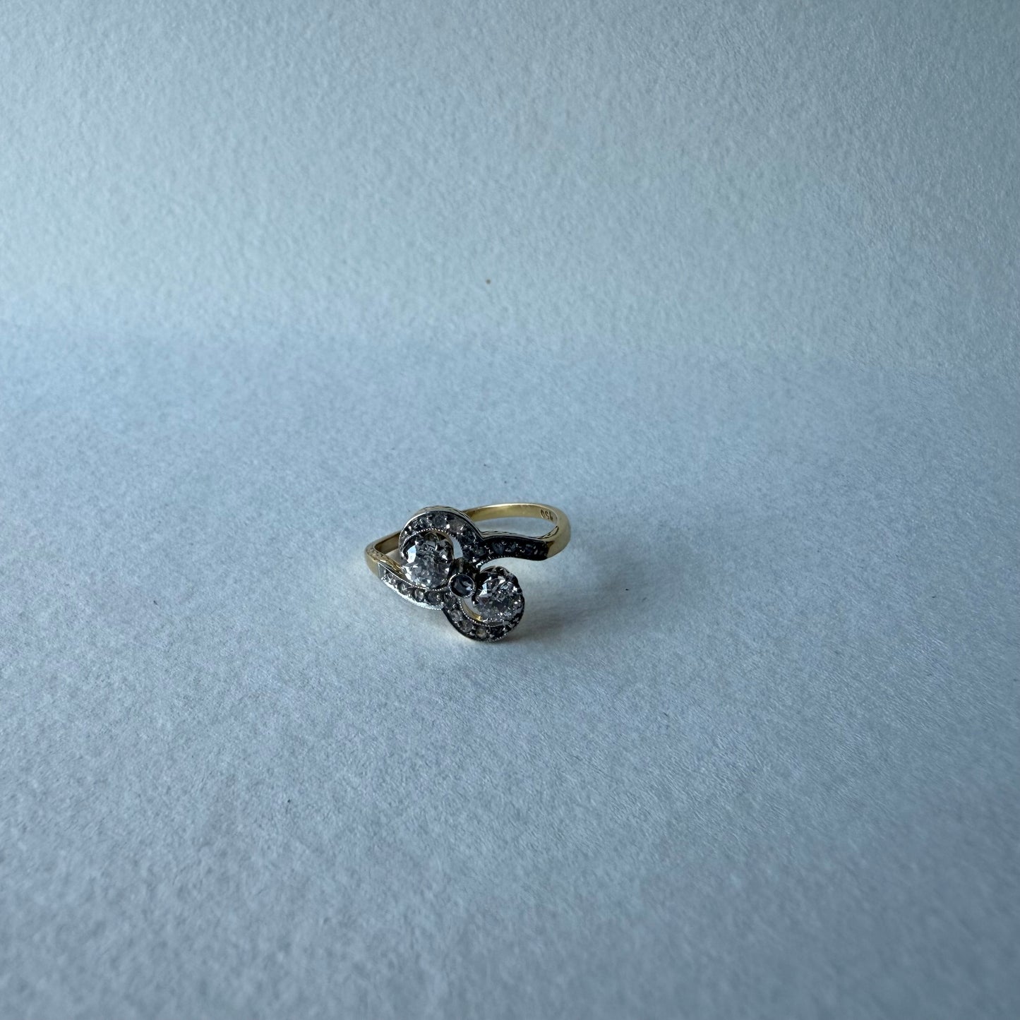 Art Nouveau Toi et Moi 18k Yellow Gold Ring with Natural Diamonds Size 6.75