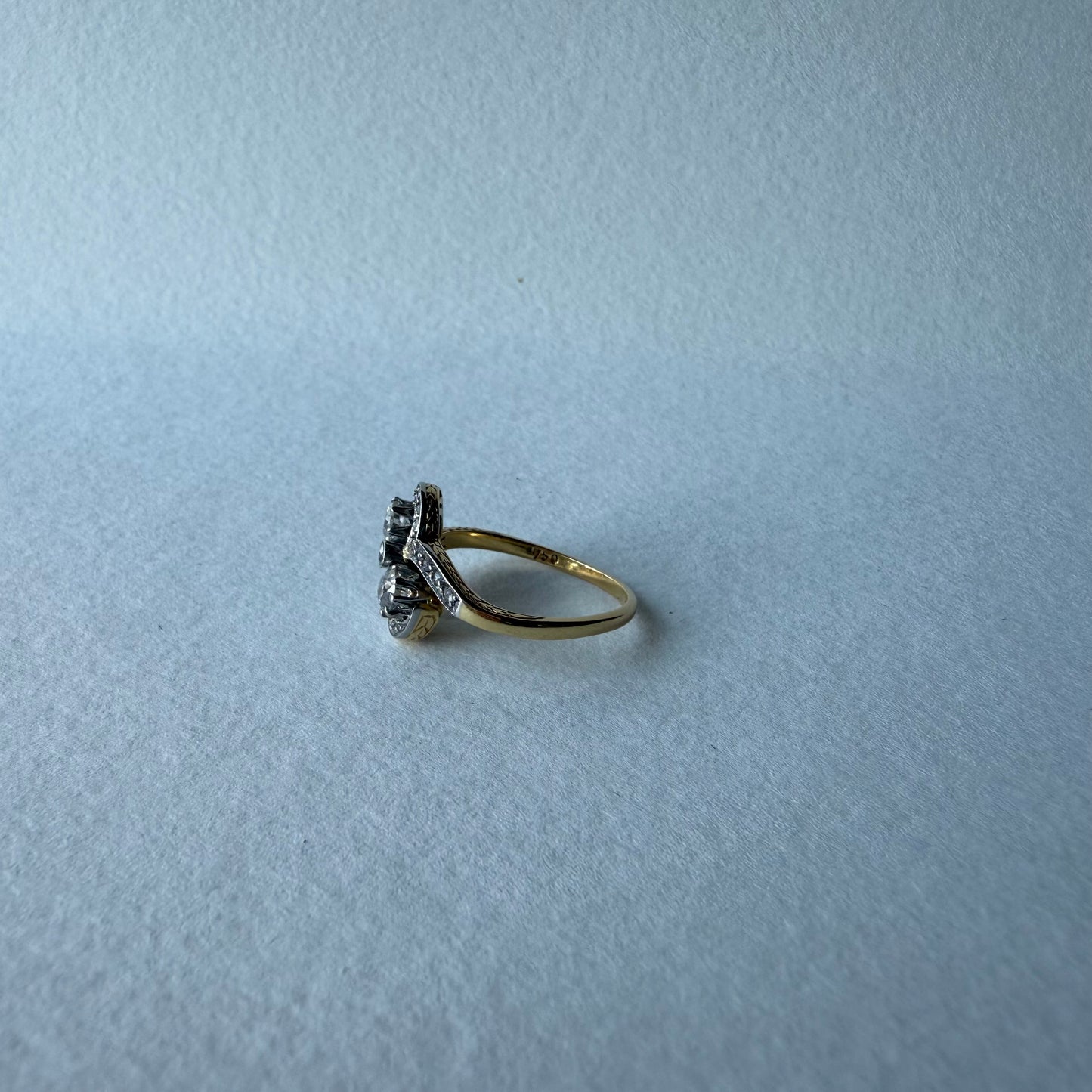 Art Nouveau Toi et Moi 18k Yellow Gold Ring with Natural Diamonds Size 6.75
