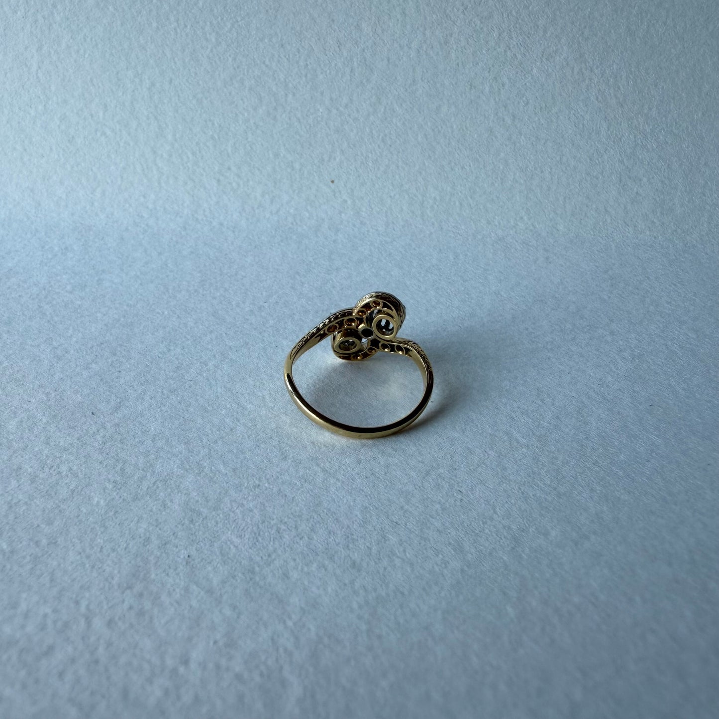 Art Nouveau Toi et Moi 18k Yellow Gold Ring with Natural Diamonds Size 6.75