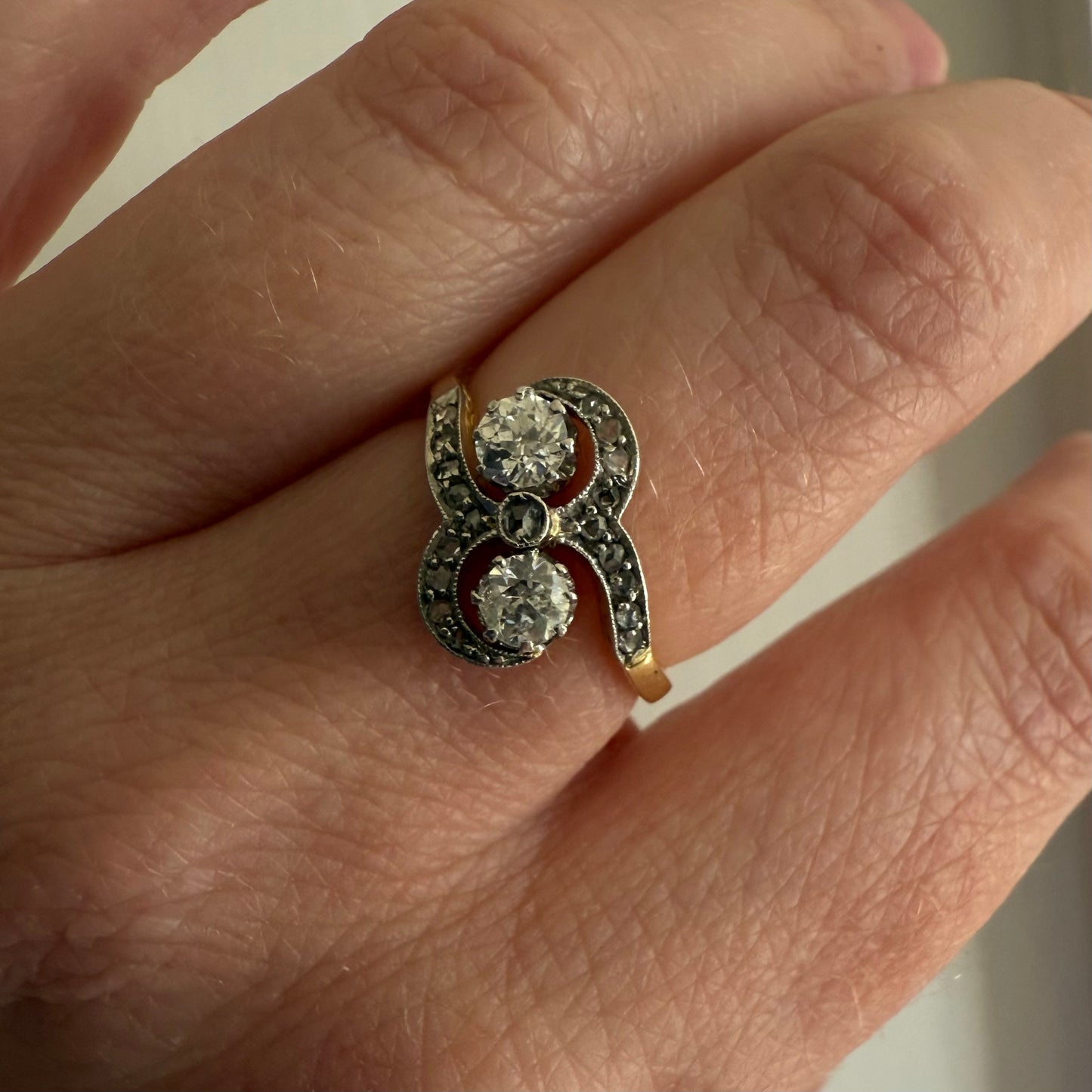 Art Nouveau Toi et Moi 18k Yellow Gold Ring with Natural Diamonds Size 6.75
