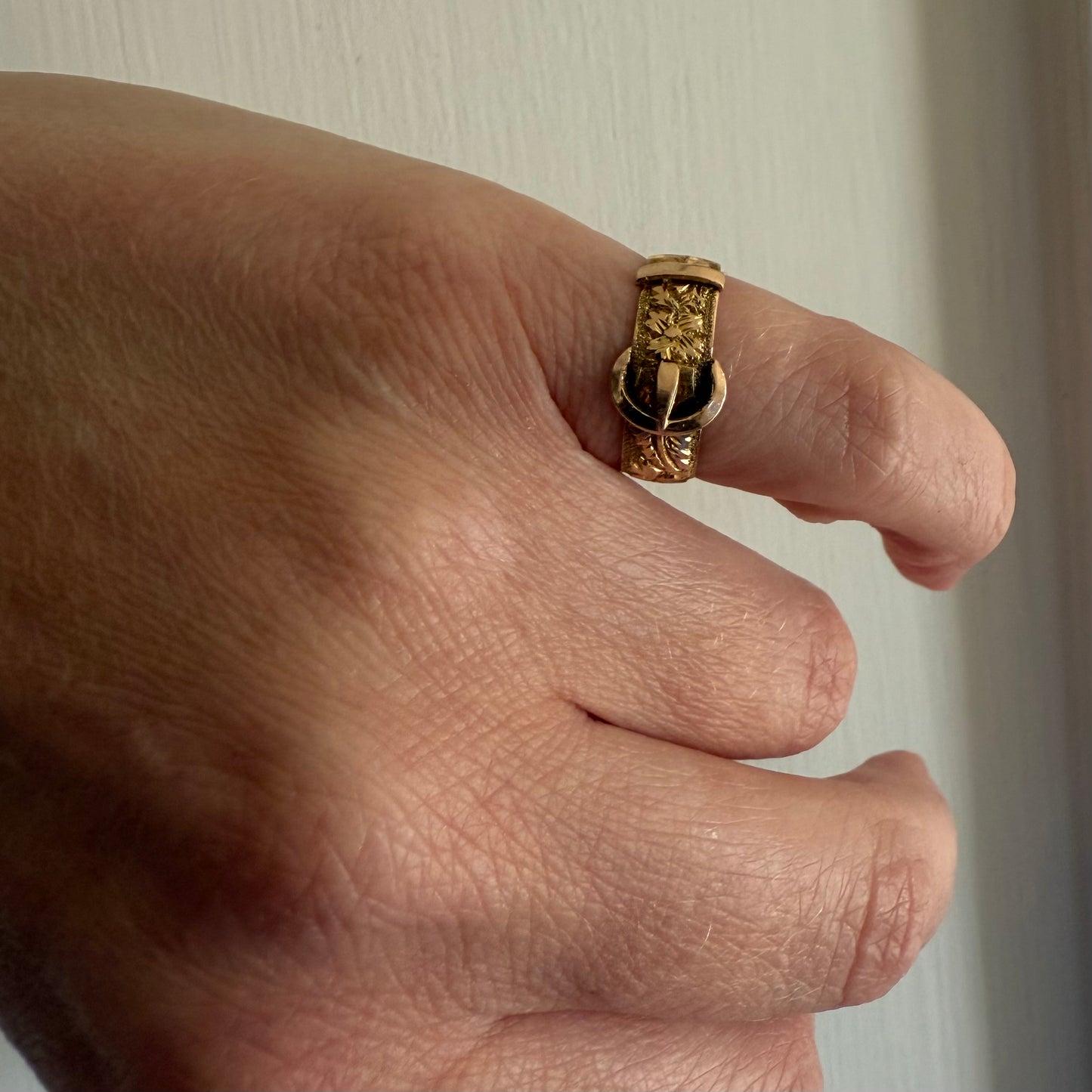 Antique Edwardian Buckle Ring 9k Rose Gold Flower Pattern Size 5.75