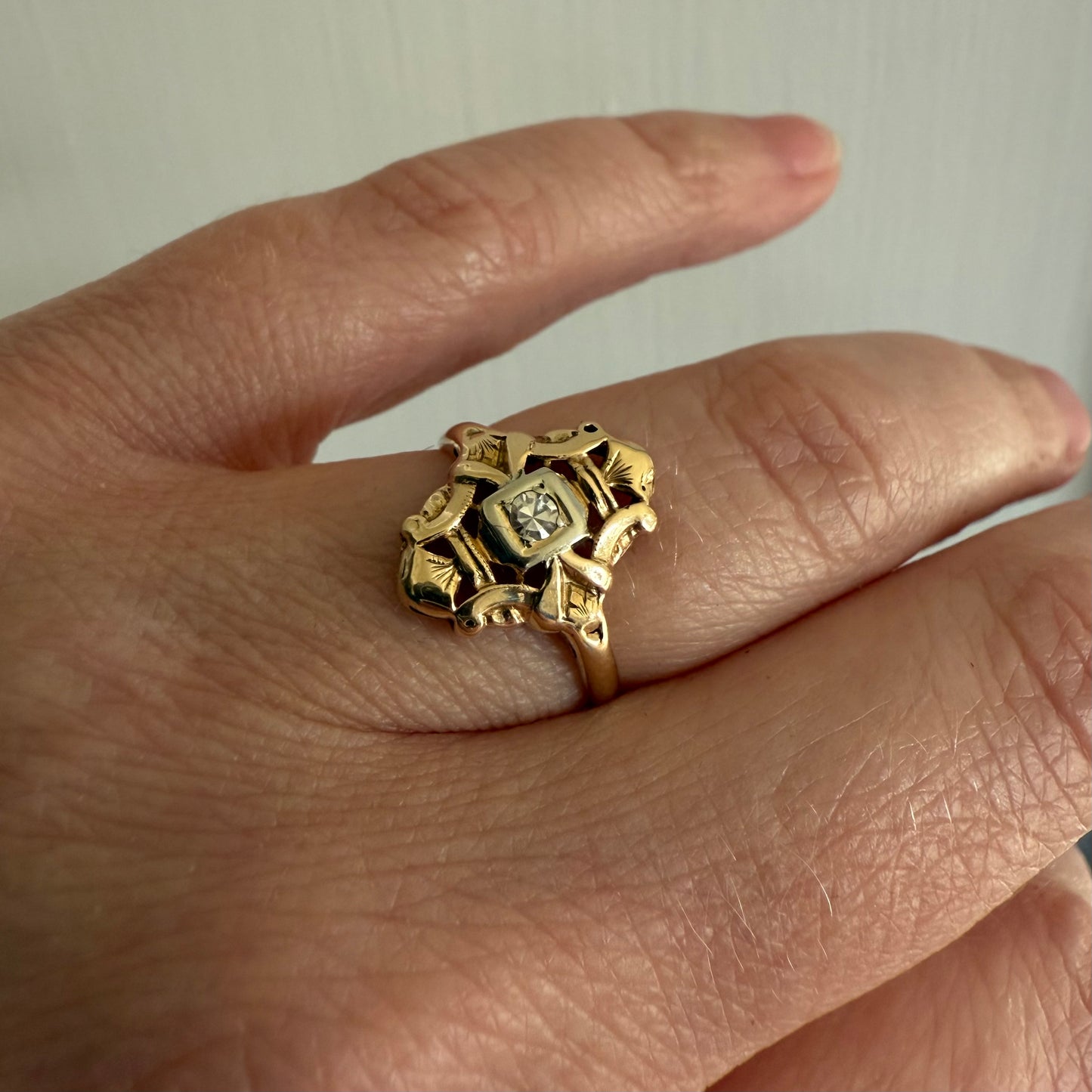 14k Yellow Gold Filigree Single Cut Diamond Ring Size 6