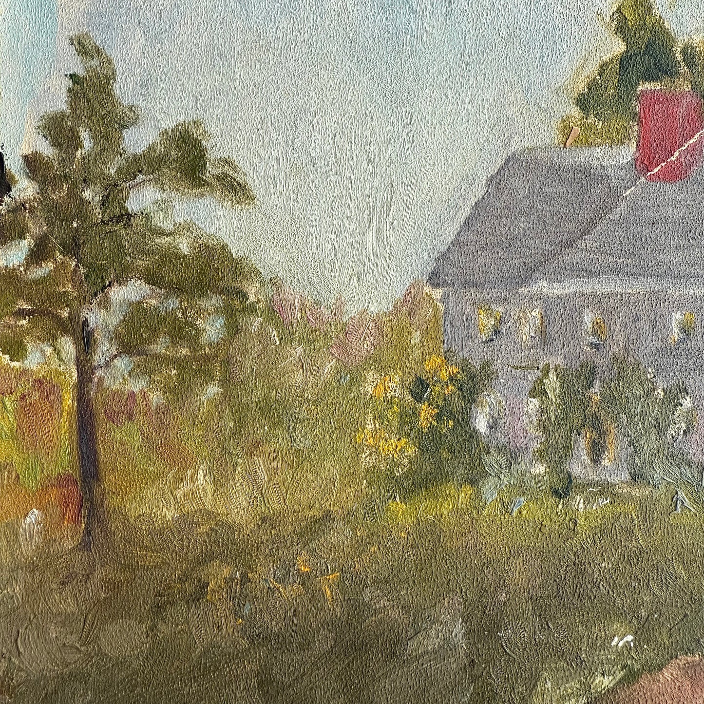 Painting of a house with trees and a clear sky