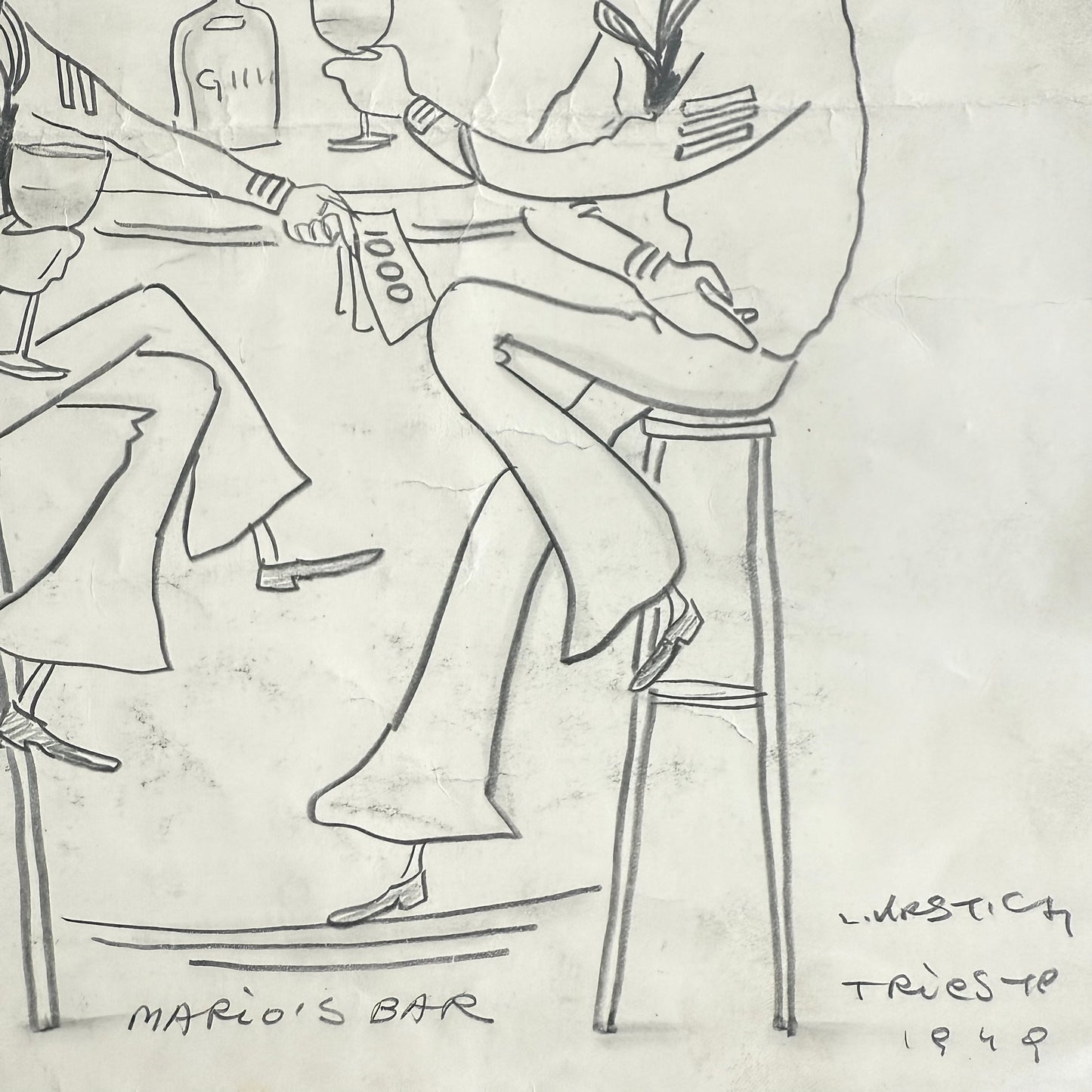 Mario's Bar 1949 Caricature Illustration of two people at a bar with 'Mario's Bar' and 'Trieste 1949' text.