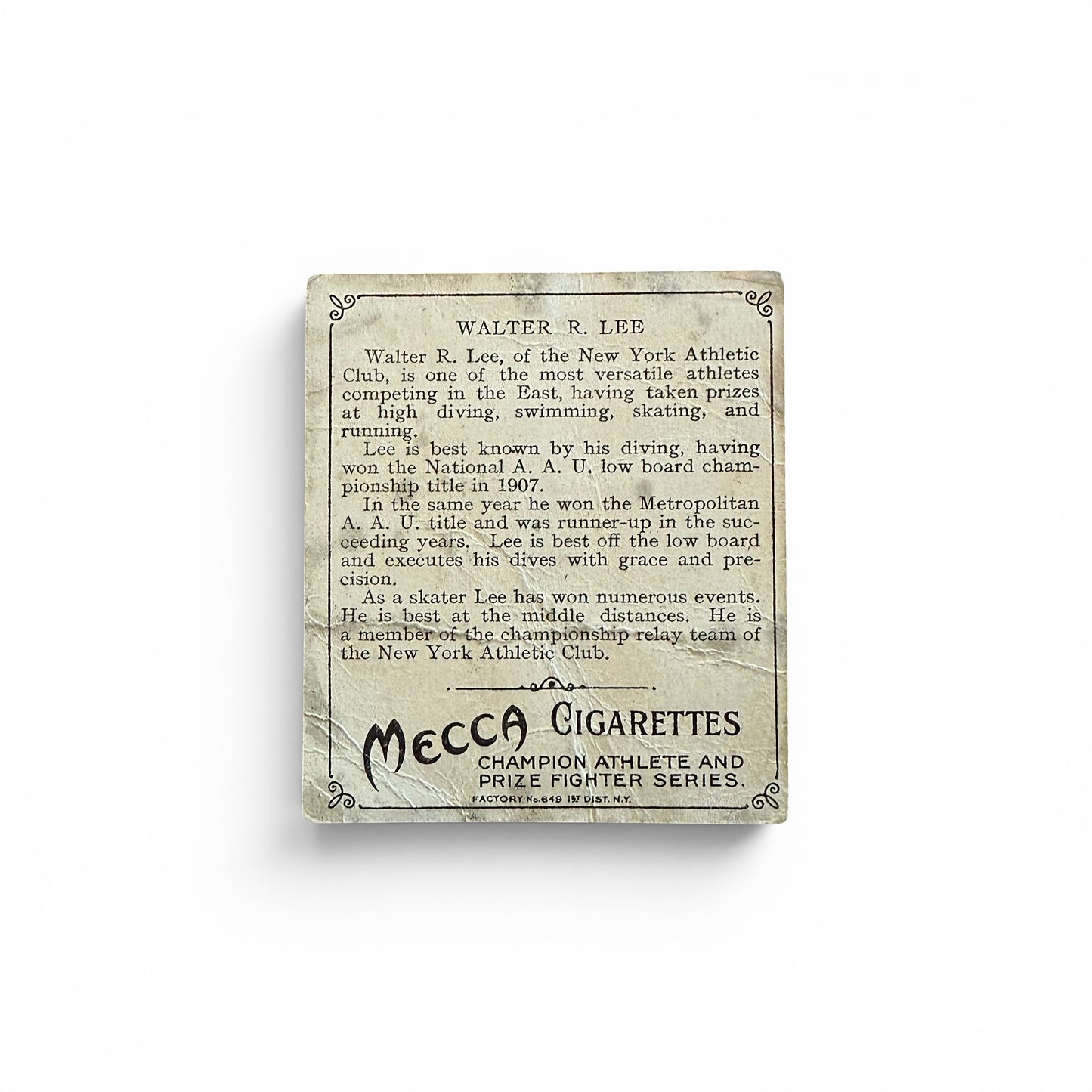 NYAC Member Walter Lee - Cigarette Trade Card Vintage-style card with text about Walter R. Lee and Mecca Cigarettes branding on a white background