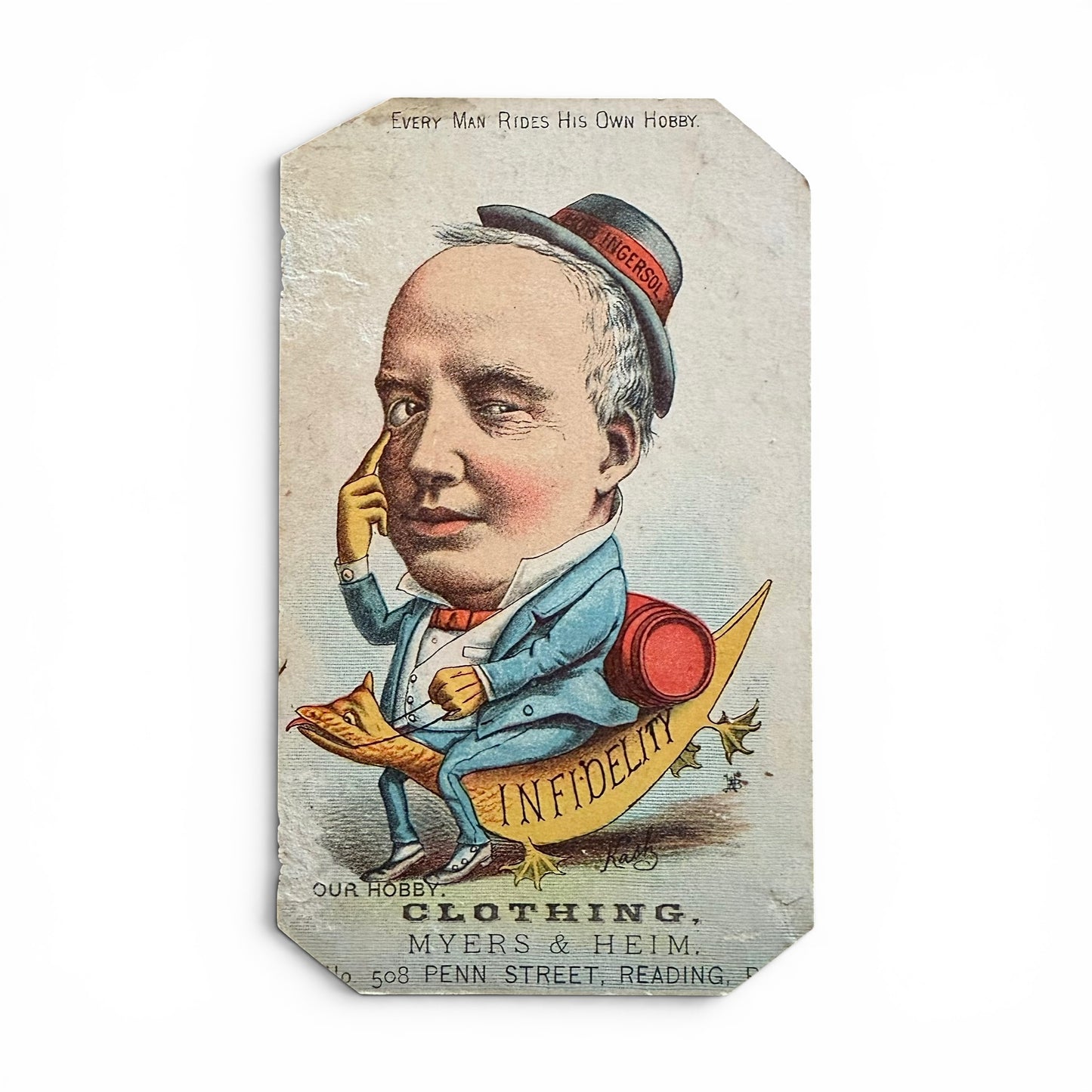 Robert Ingersoll "Rides His Own Hobby" - Victorian Trade Card antique advertisement card with a man in a suit and top hat, featuring text and graphics.