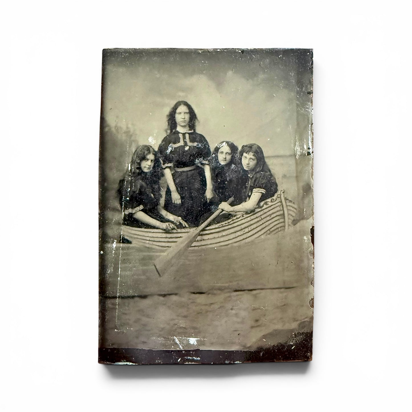 Row Row Row Your Boat - Tintype Vintage photograph of four women in a rowboat on a white background