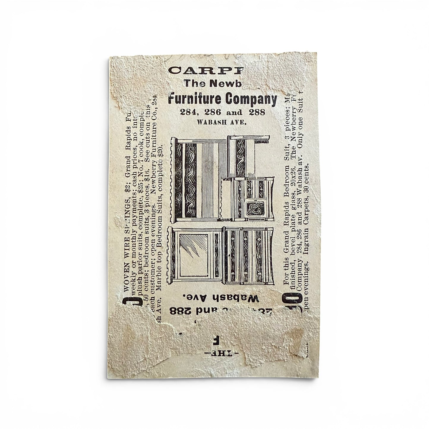 Vintage advertisement for Carpi The Newb Furniture Company on a textured beige background