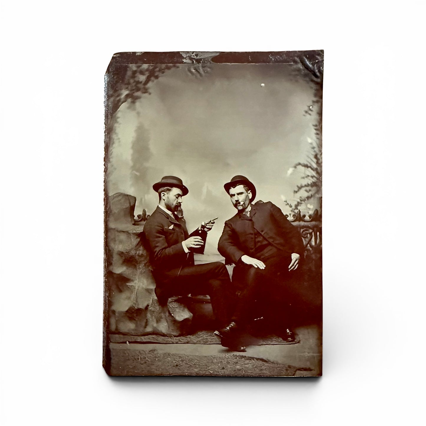 You Wanna Swig Of This? - Tintype two guys sitting in a photo studio one with a flask in his hand