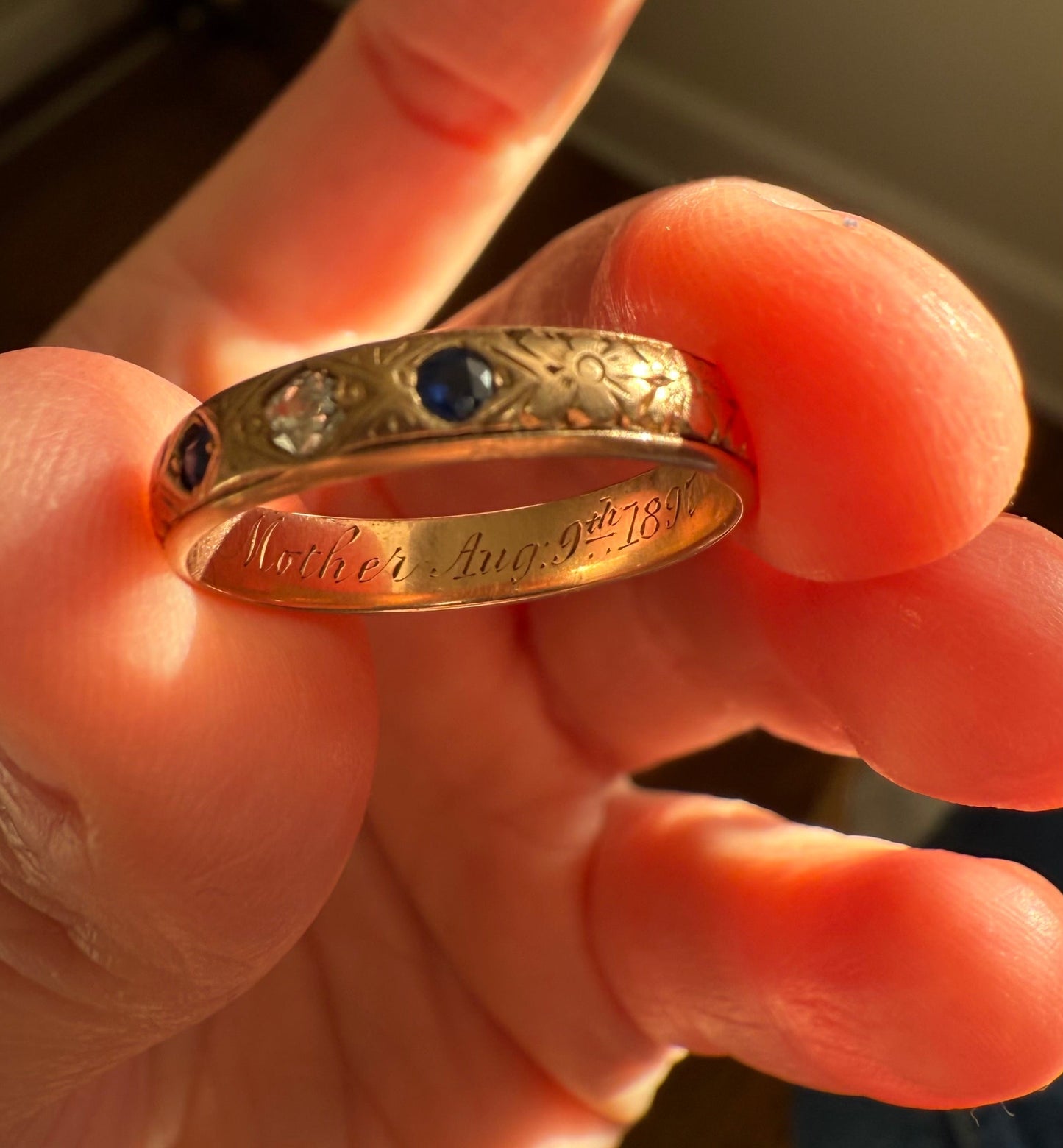 Dated 1897 to Mother Antique Victorian 14K Rose Gold Sapphire Diamond Size 8.25