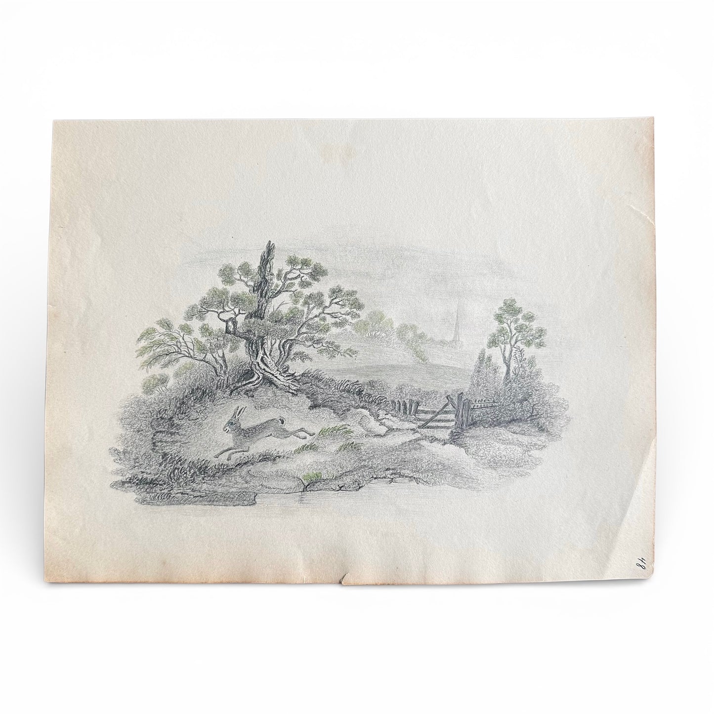 1830s Hare On the Run - Graphite and Color Vintage illustration of a landscape with trees and hare on a textured paper background
