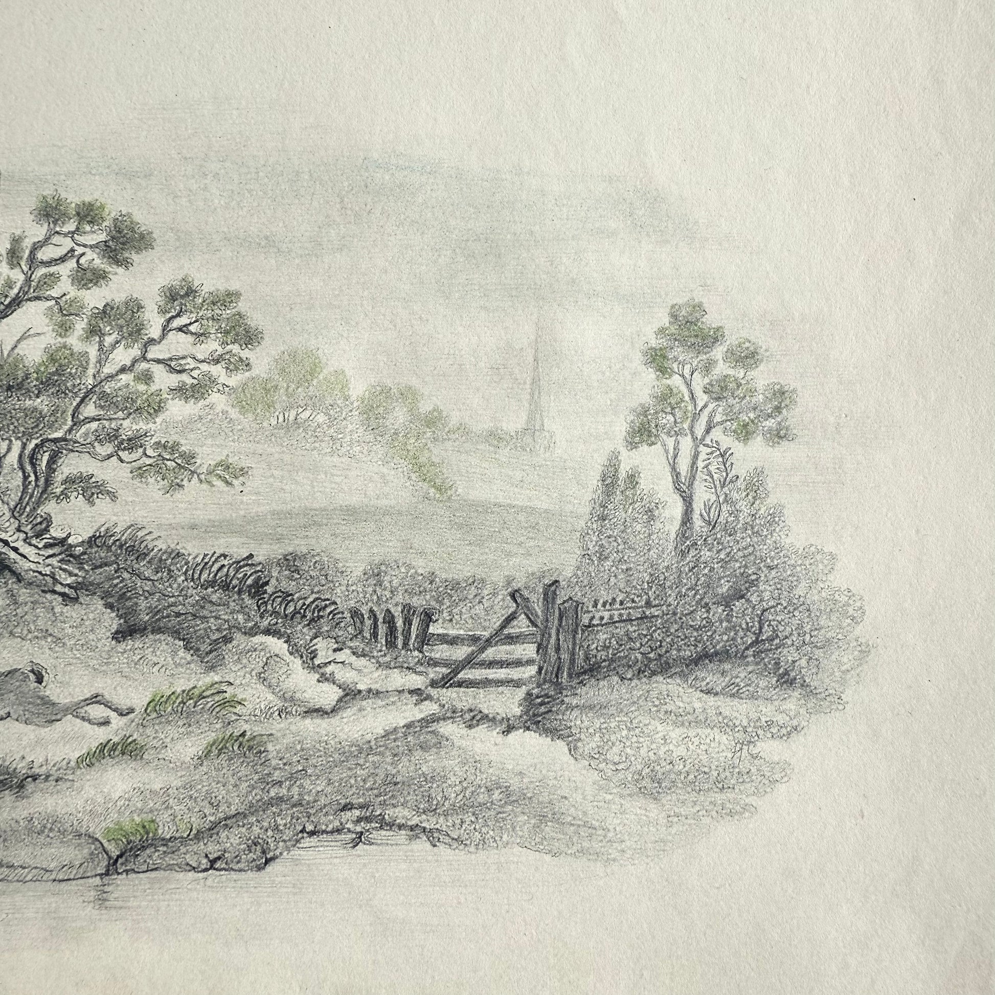 1830s Hare On the Run - Graphite and Color Pencil sketch of a landscape with trees, a fence, and a distant building.