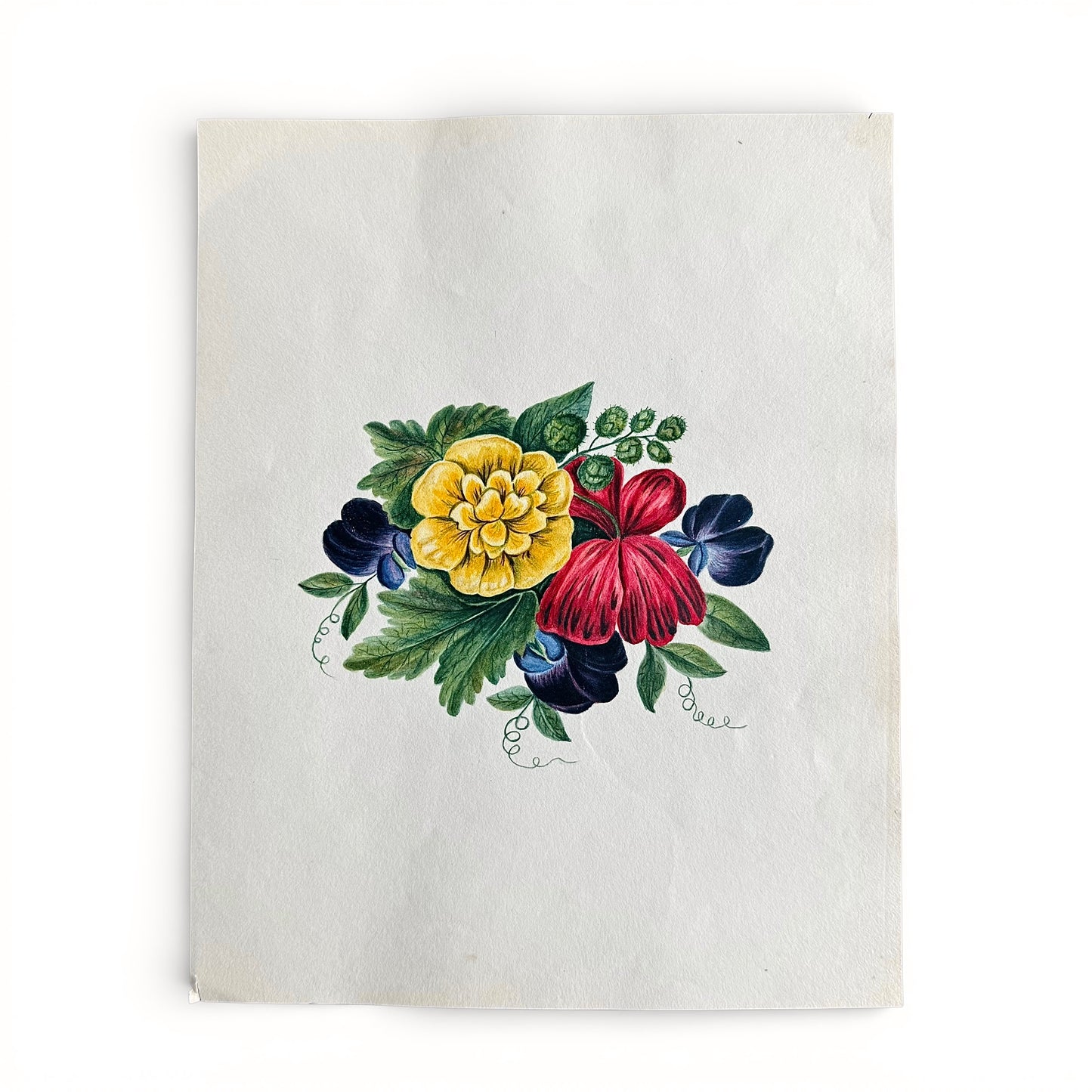 1845 Sweet Pea and Poppies Watercolor and Gouache Floral design on a white paper with yellow, red, and blue flowers.