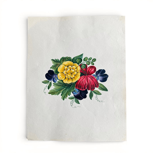 1845 Sweet Pea and Poppies Watercolor and Gouache Floral design on a white paper with yellow, red, and blue flowers.