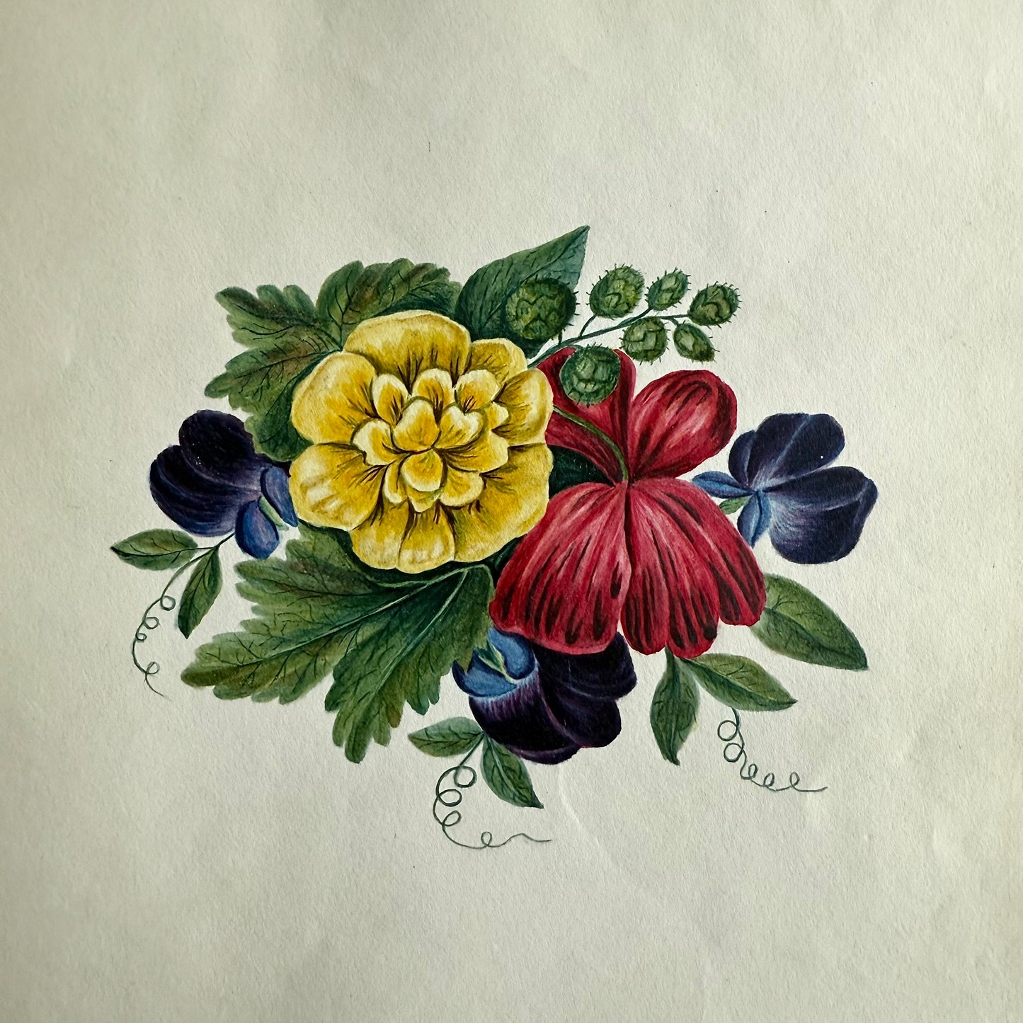 1845 Sweet Pea and Poppies Watercolor and Gouache Colorful floral arrangement with yellow, red, and blue flowers on a beige background