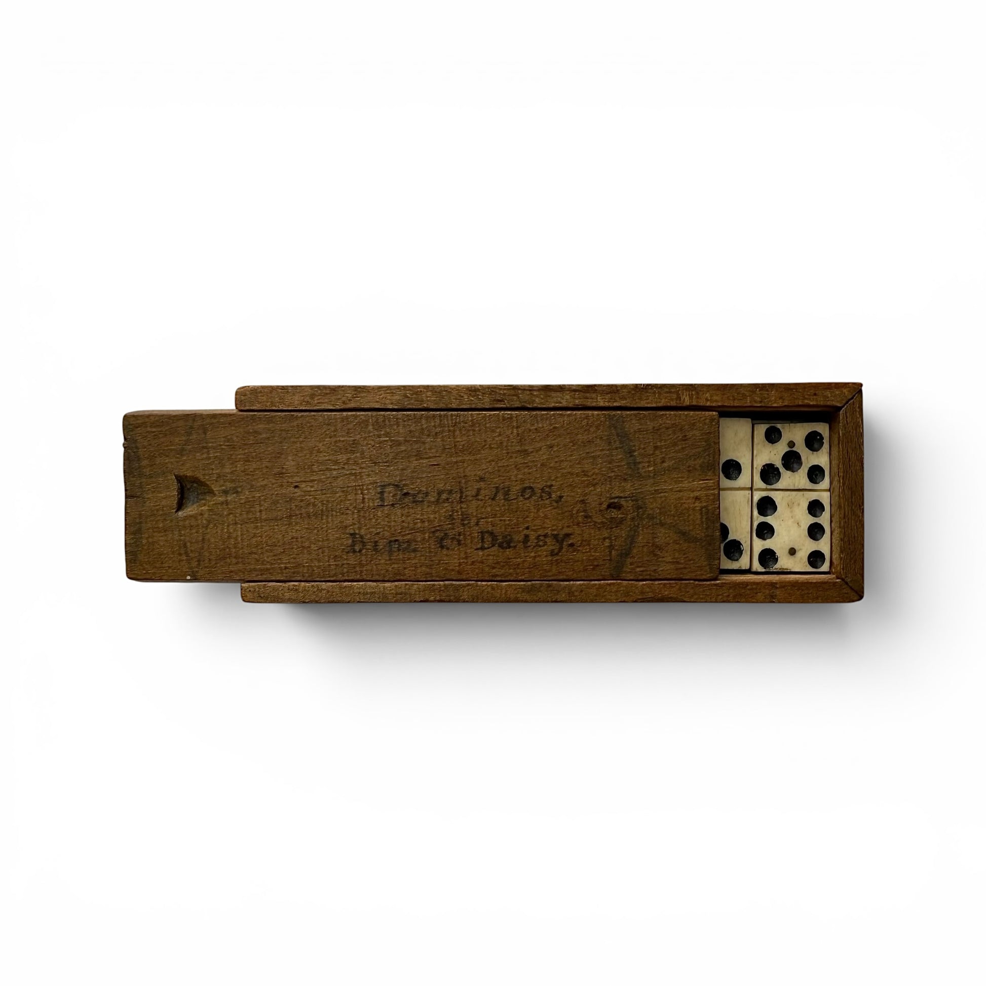 1854 Bone And Ebony Domino Set With Box Art Wooden box with vintage dominoes on a white background