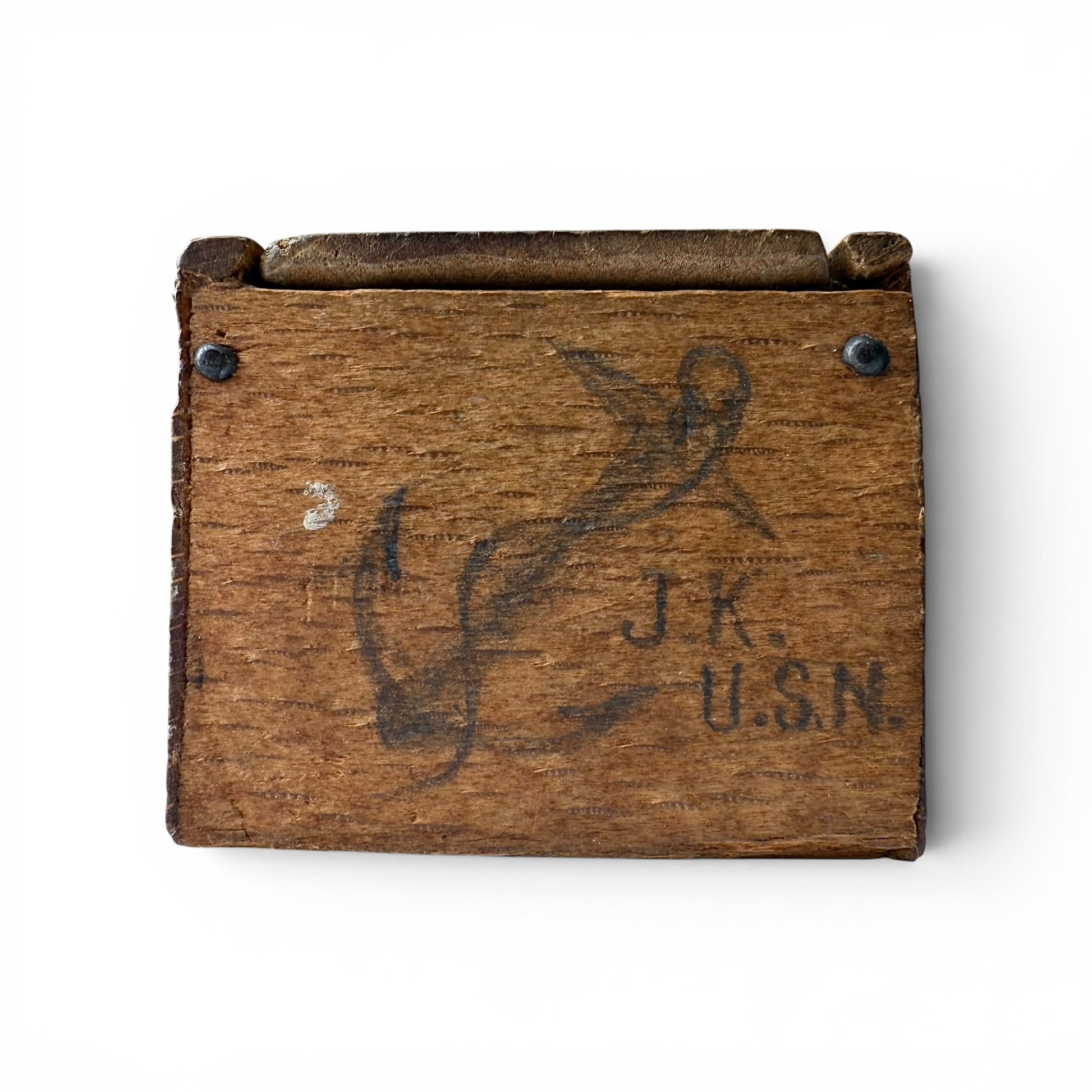 1854 Bone And Ebony Domino Set With Box Art Wooden box with 'J.K. U.S.N.' engraving on a white background