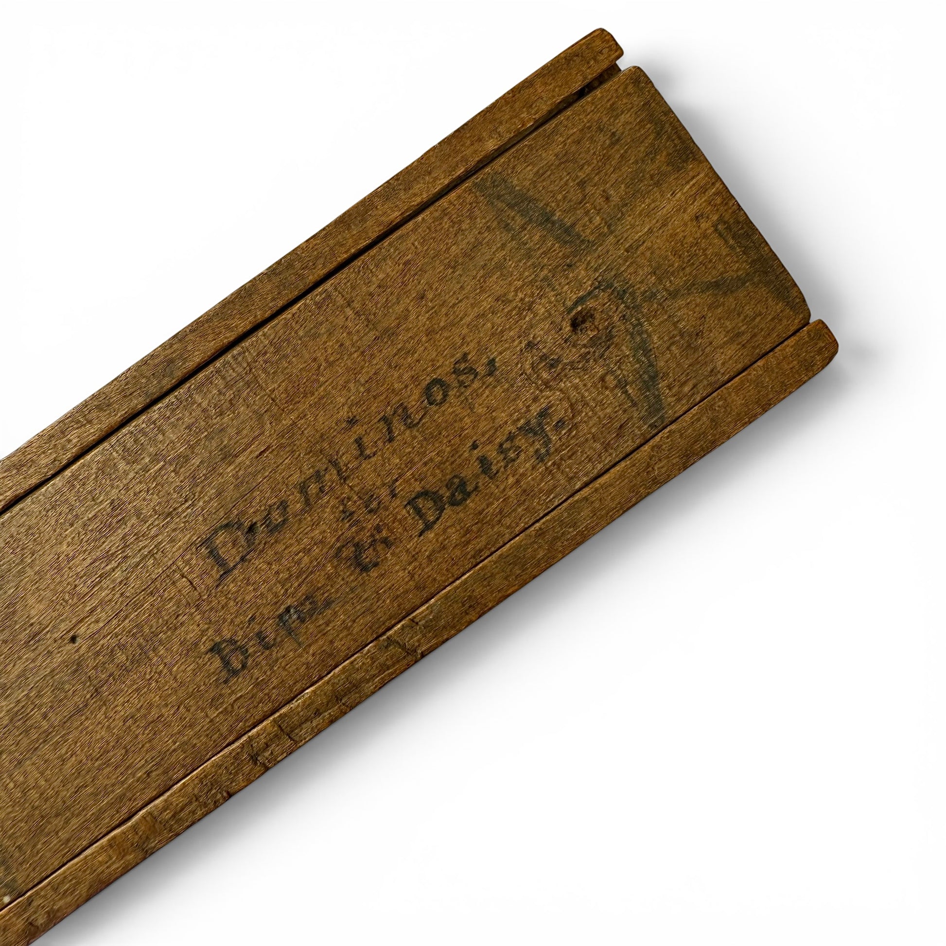 1854 Bone And Ebony Domino Set With Box Art Wooden box with engraved text on a white background