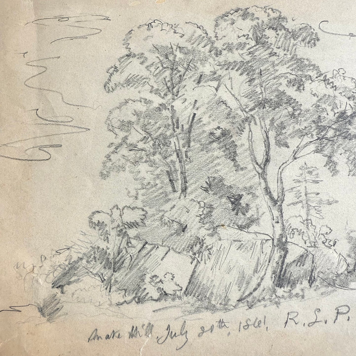 1861 Snake Hill Pencil Sketch of a landscape with trees and a building, signed 'R. L. P.' on a textured paper background.