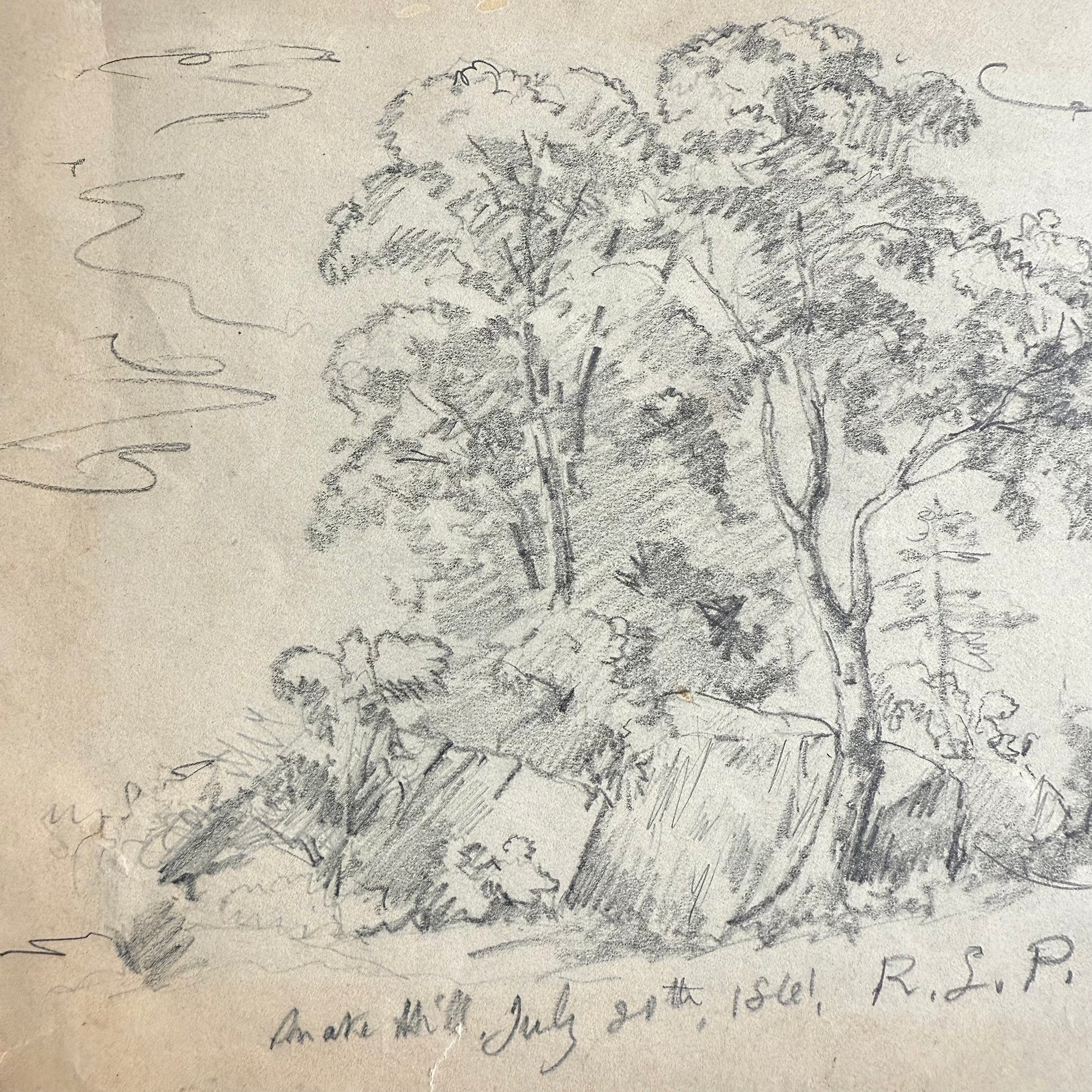 1861 Snake Hill Pencil Sketch of a landscape with trees and a building, signed 'R. L. P.' on a textured paper background.