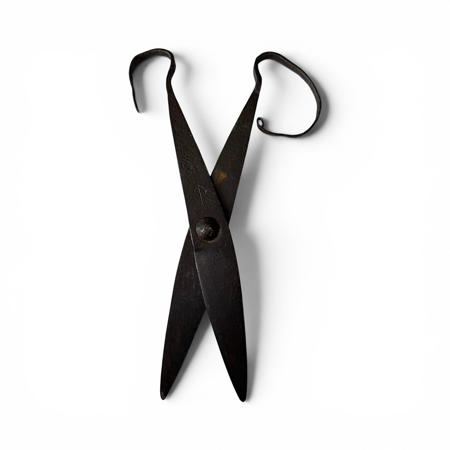 18th Century Hand-Forged Scissor Antique black shears on a white background