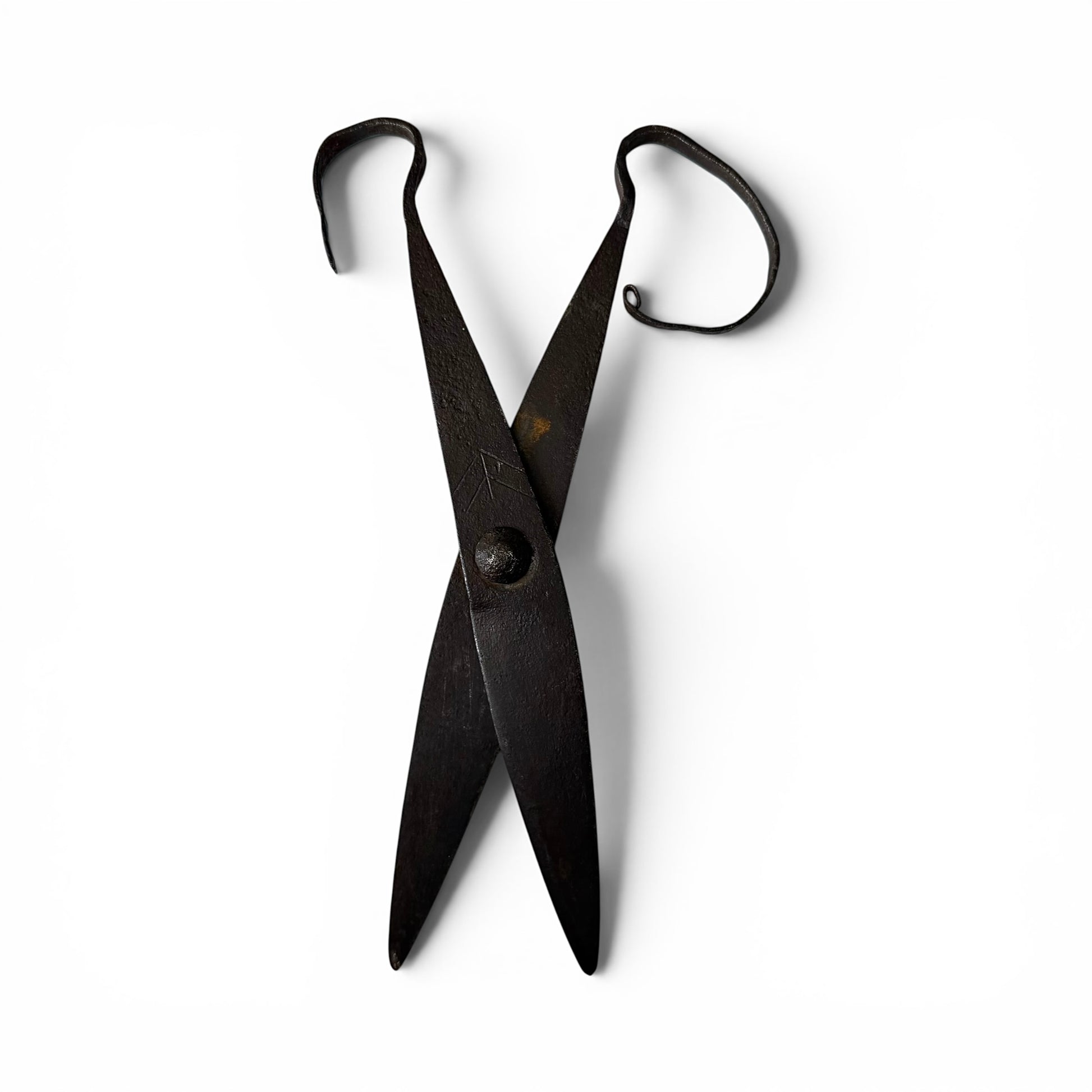 18th Century Hand-Forged Scissor Antique black shears on a white background