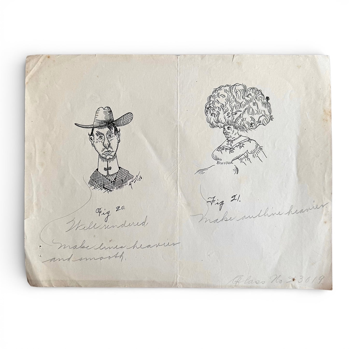 1908 Humorous Caricature Pair Sketched portraits on a piece of paper with text annotations.