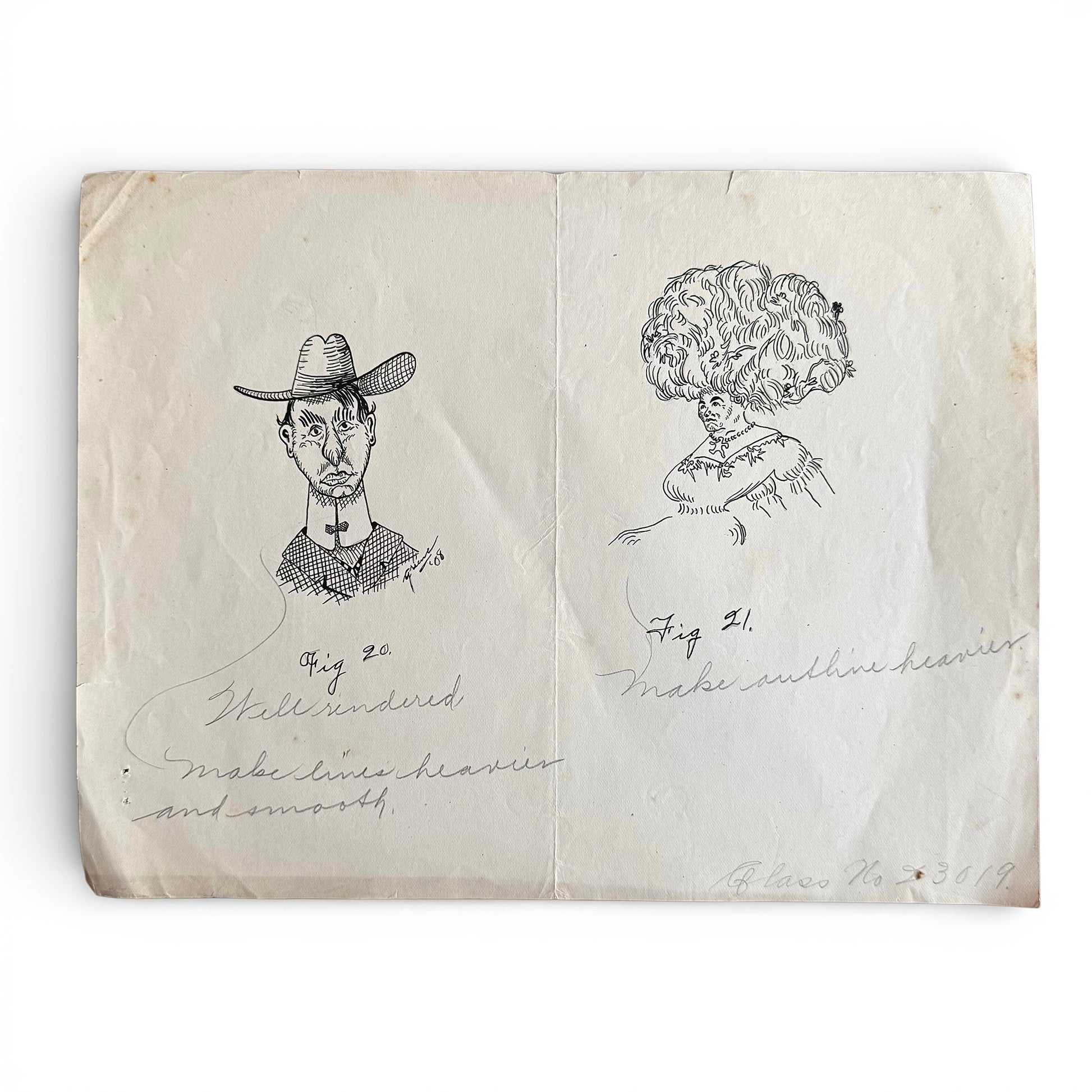 1908 Humorous Caricature Pair Sketched portraits on a piece of paper with text annotations.