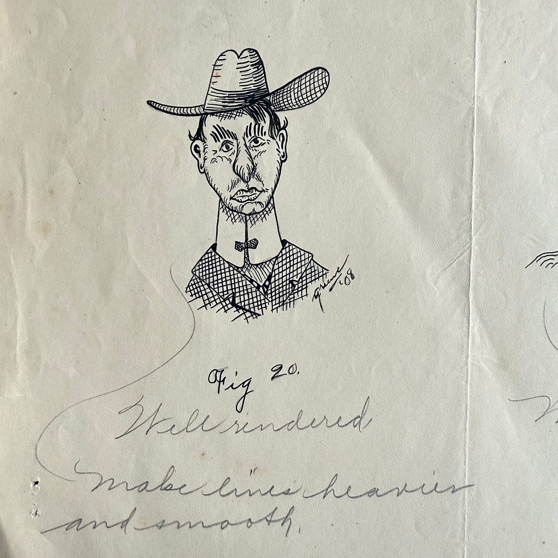 1908 Humorous Caricature Pair Hand-drawn illustration of a person wearing a hat on textured paper with text.