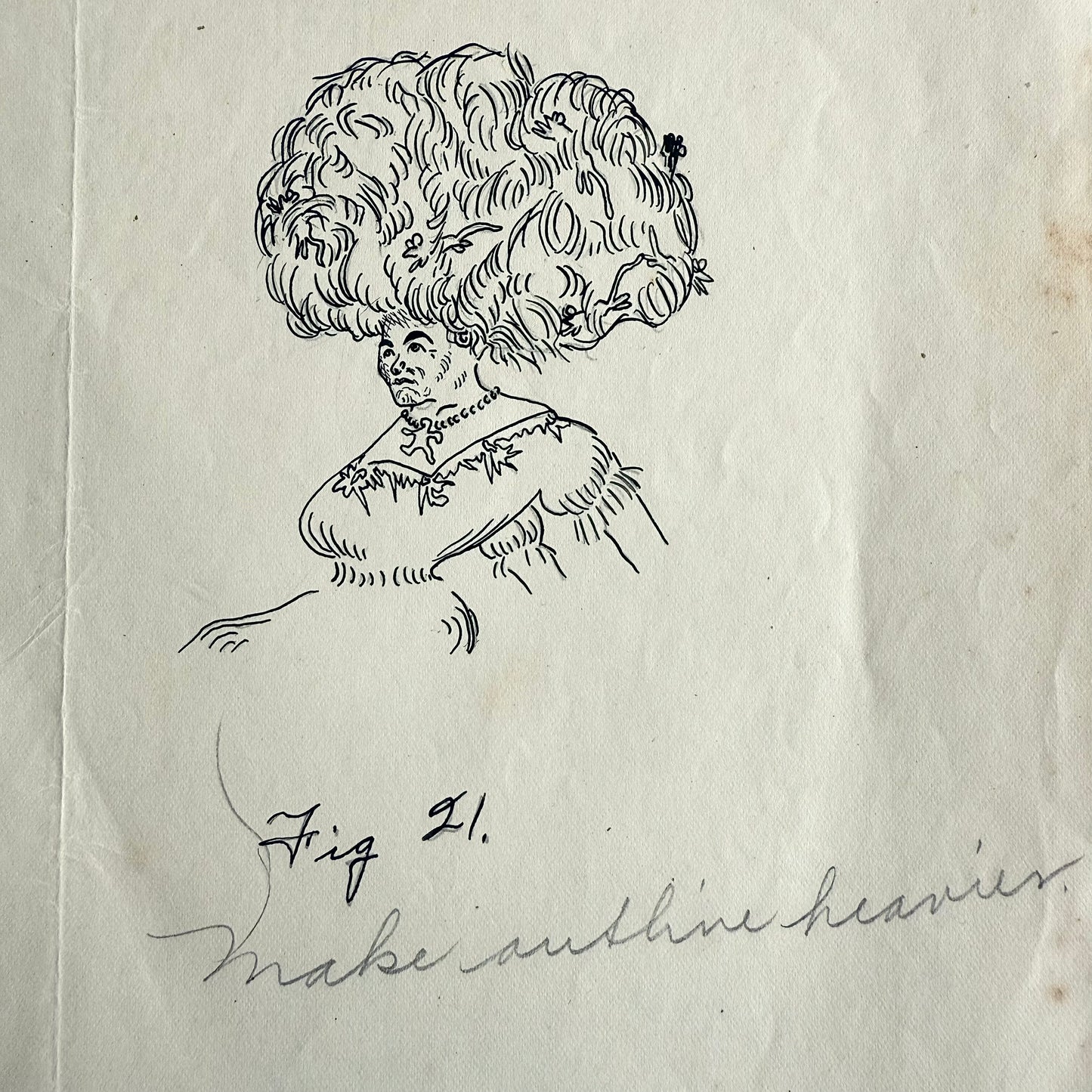 1908 Humorous Caricature Pair Vintage illustration of a woman with an elaborate hairstyle on textured paper.
