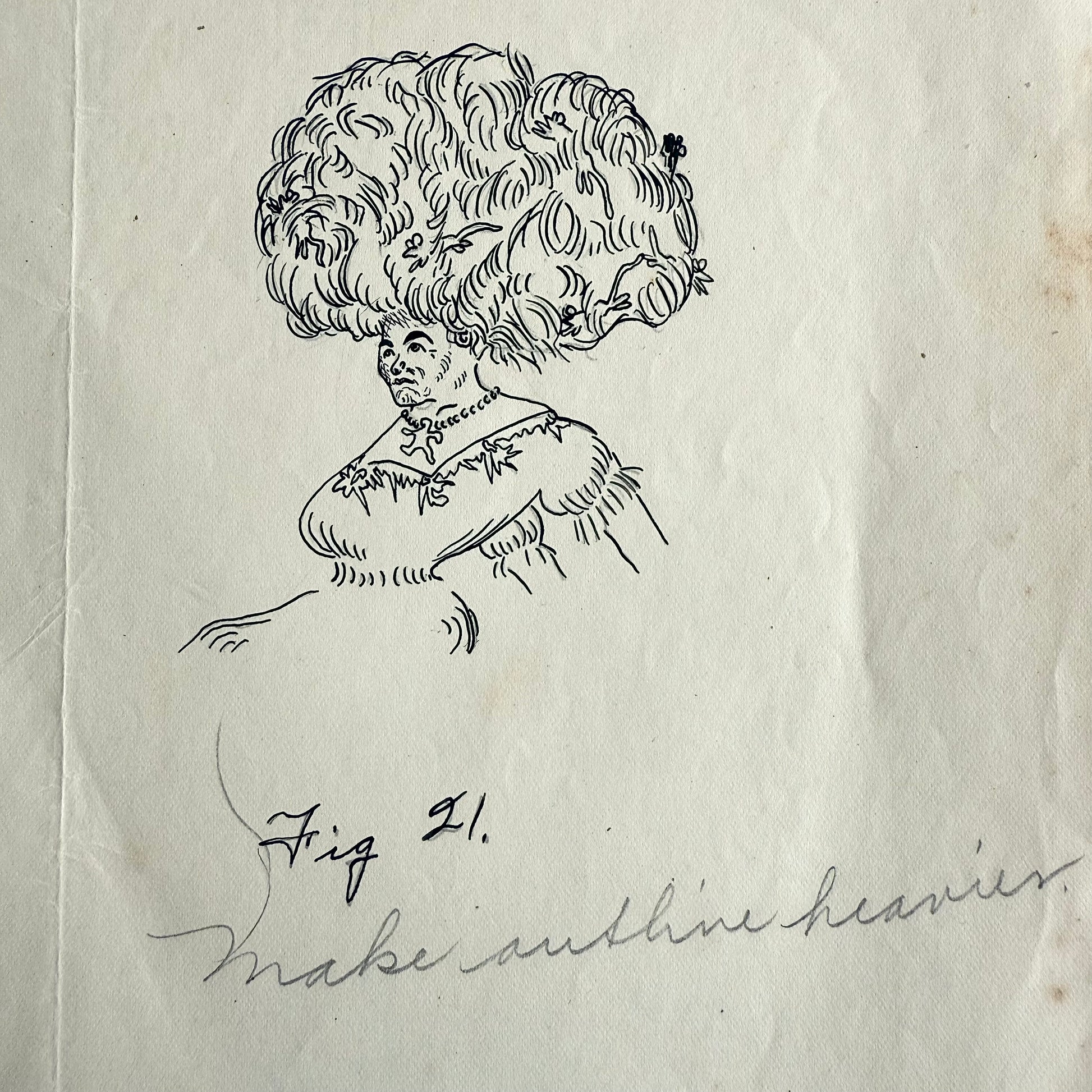 1908 Humorous Caricature Pair Vintage illustration of a woman with an elaborate hairstyle on textured paper.