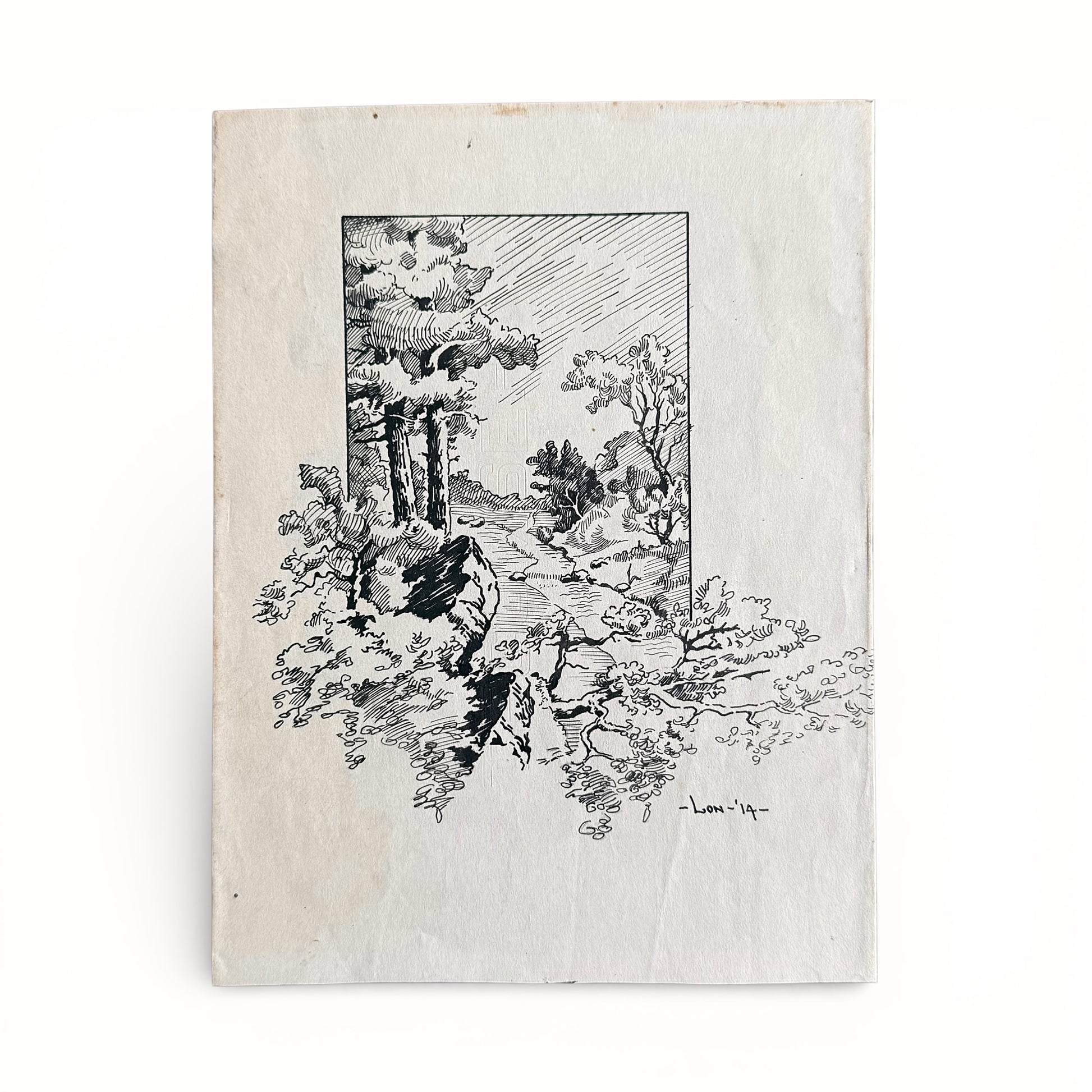 1914 Pen and Ink Landscape Black and white illustration of a landscape with trees and a path on a textured beige background
