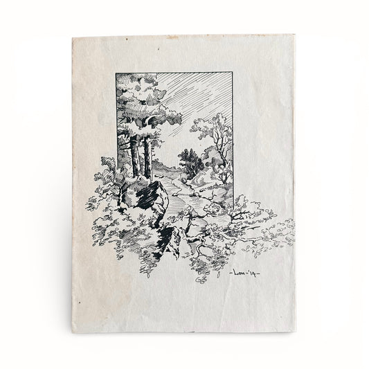 1914 Pen and Ink Landscape Black and white illustration of a landscape with trees and a path on a textured beige background