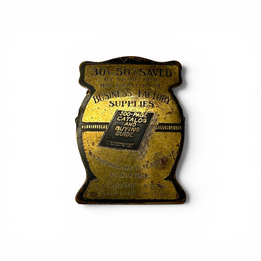 1920s Brass Advertising Paper Clip Vintage business card holder with text on a white background