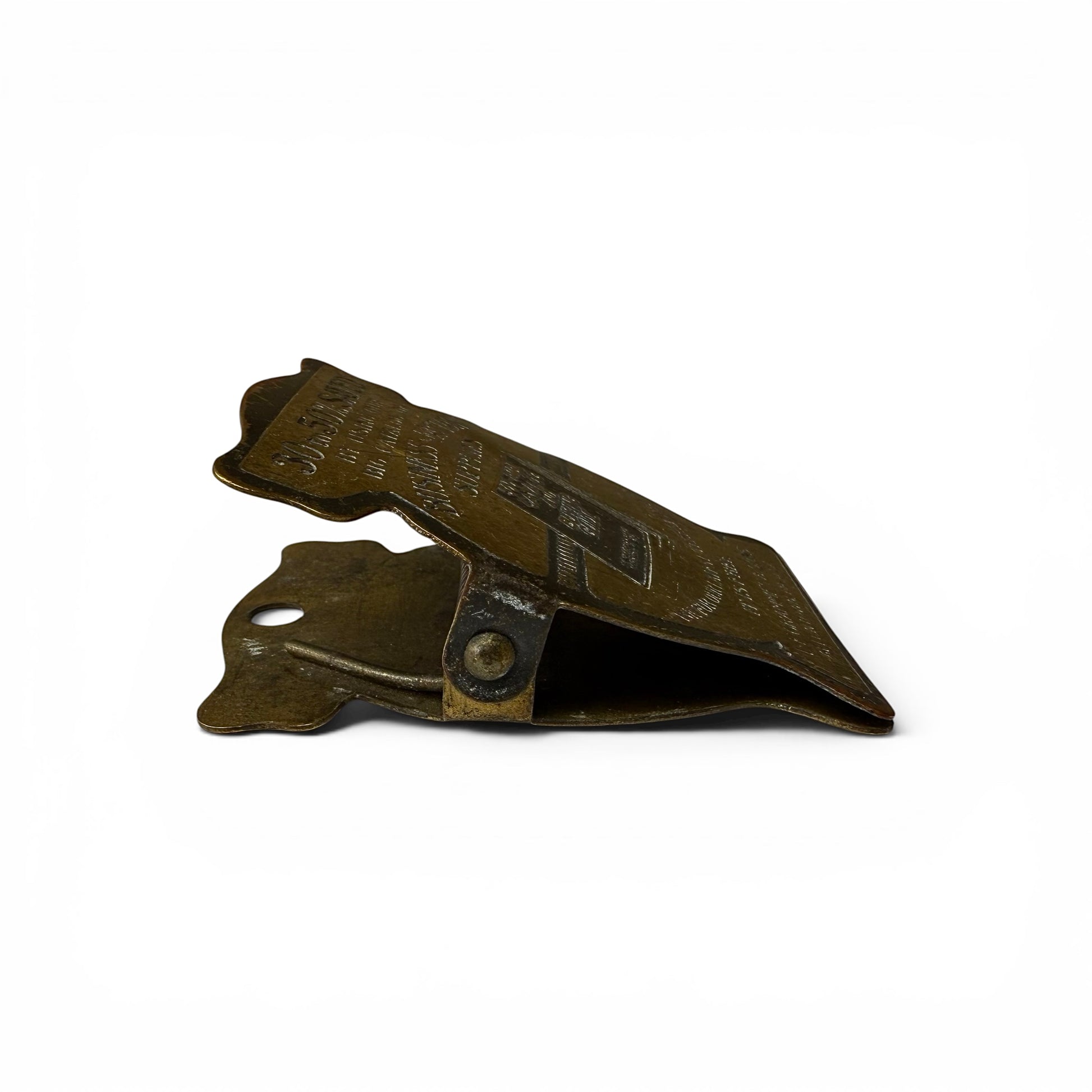 1920s Brass Advertising Paper Clip Bronze-colored metal clip on a white background