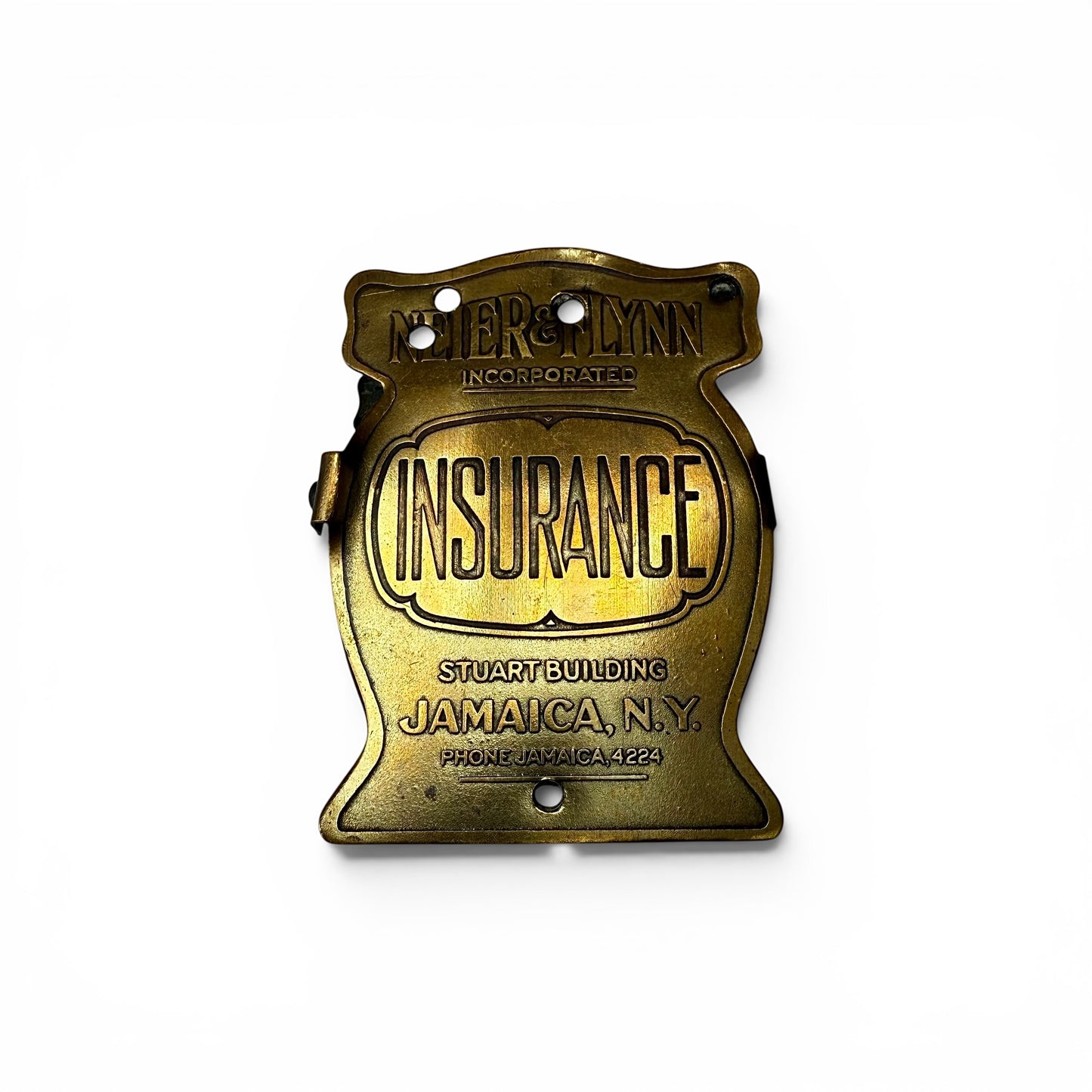 1920s "Insurance" Brass Advertising Paper Clip Vintage brass insurance sign with engraved text on a white background