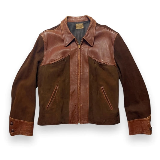 1930/1940s Cross Country Togs 2-Tone Half Belt Back Leather Jacket Brown leather jacket on a white background