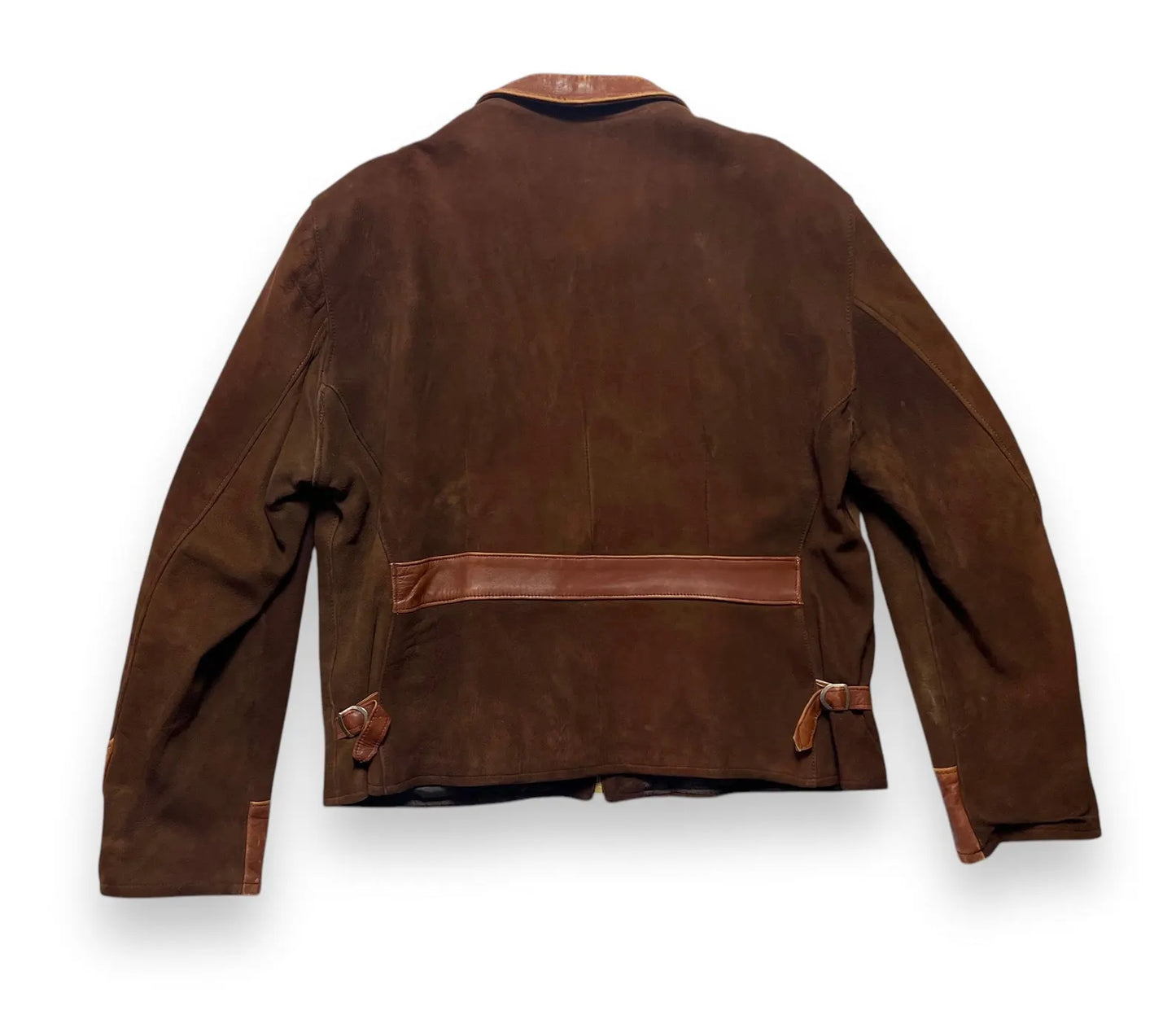 1930/1940s Cross Country Togs 2-Tone Half Belt Back Leather Jacket Brown leather jacket on a white background