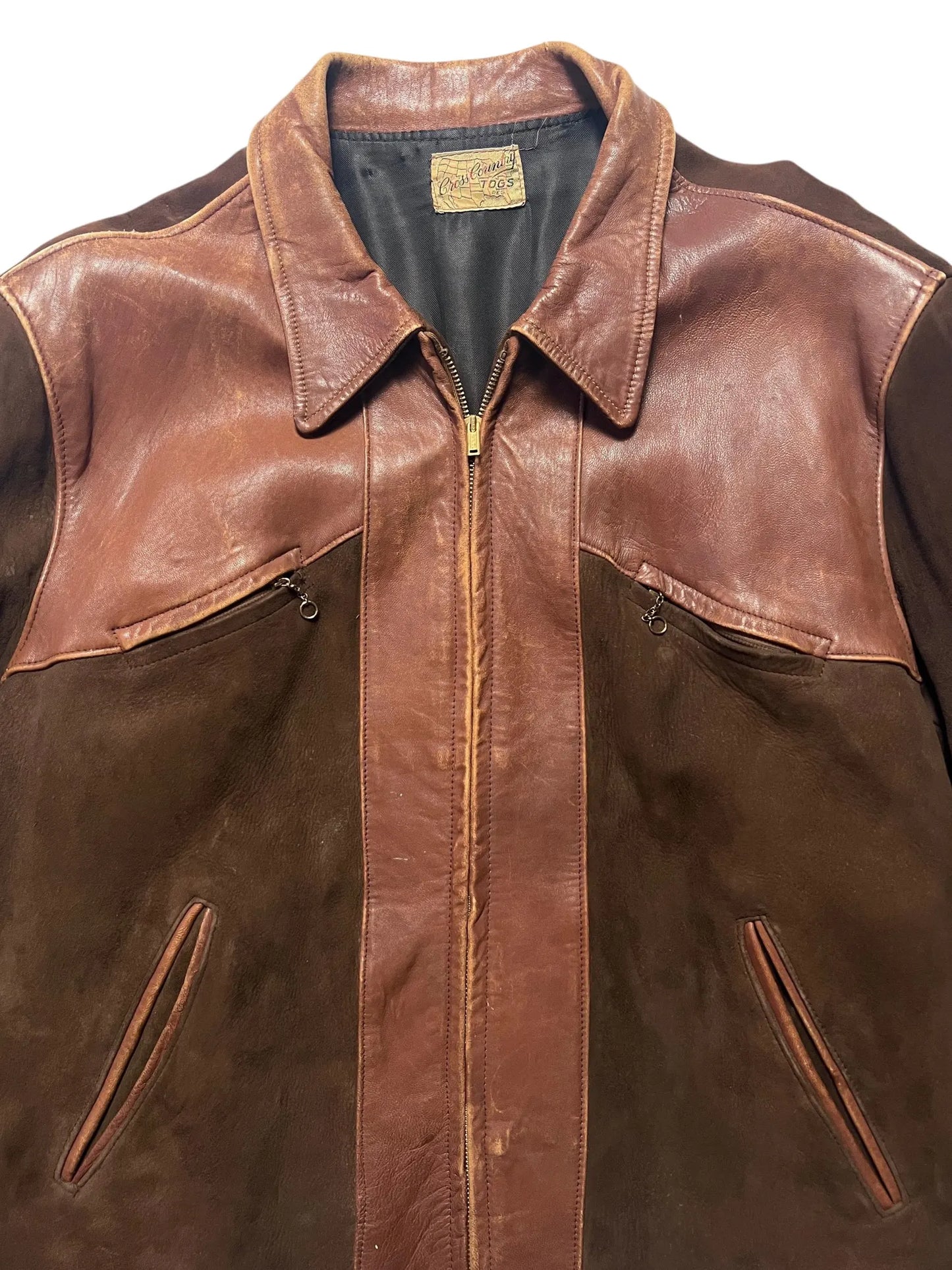 1930/1940s Cross Country Togs 2-Tone Half Belt Back Leather Jacket Brown leather jacket with visible stitching and a brand label on a white background