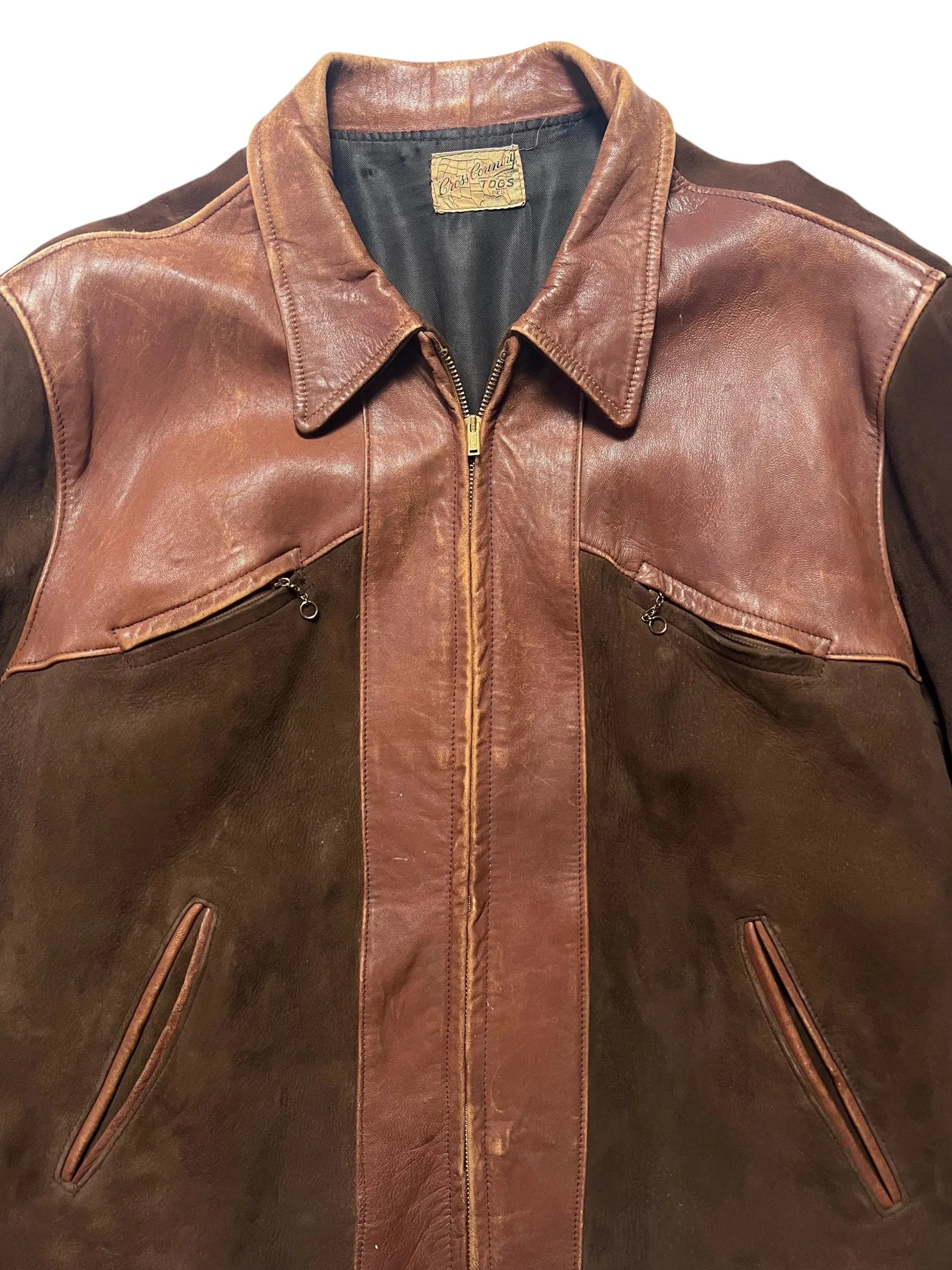 1930/1940s Cross Country Togs 2-Tone Half Belt Back Leather Jacket Brown leather jacket with visible stitching and a brand label on a white background