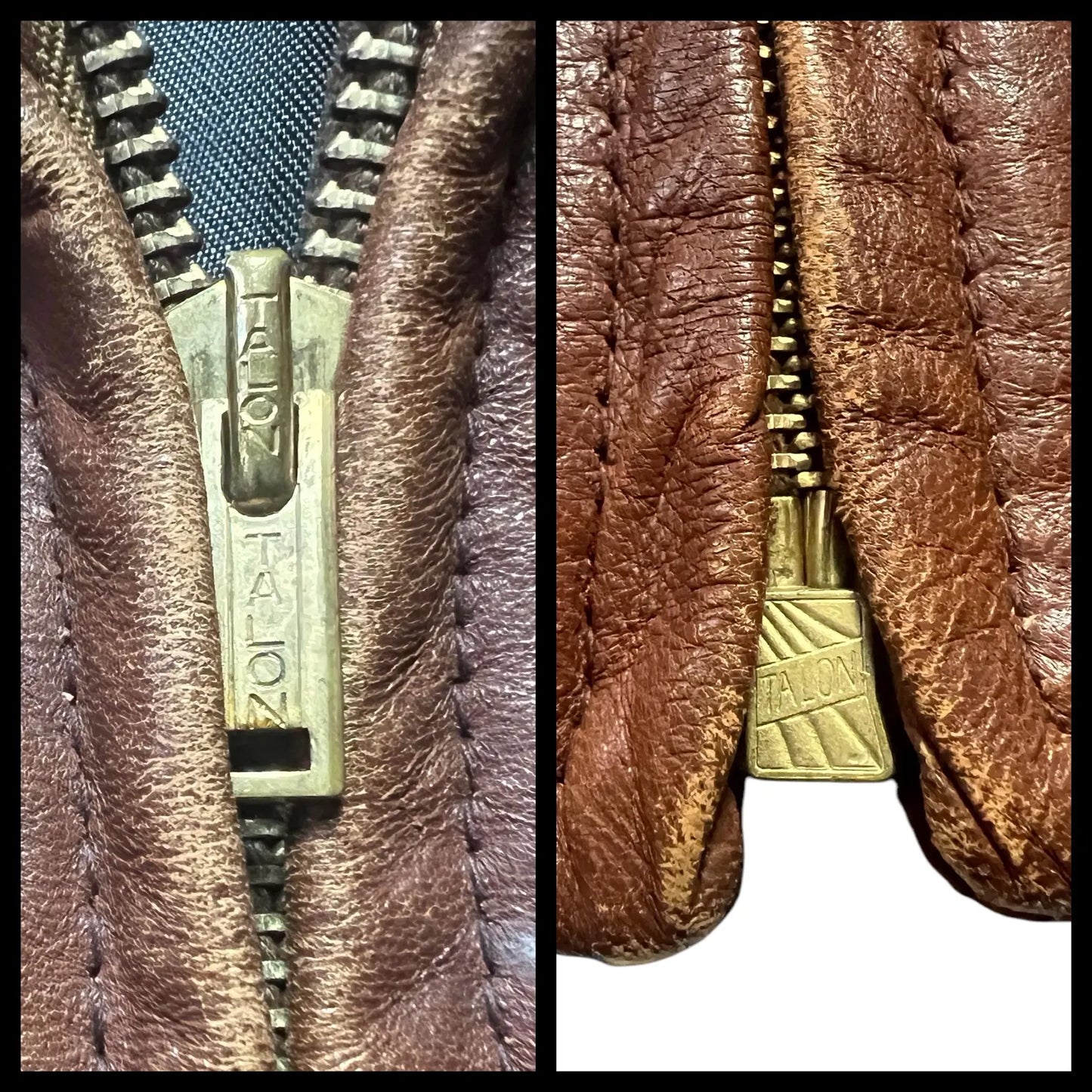 1930/1940s Cross Country Togs 2-Tone Half Belt Back Leather Jacket Close-up of a zipper on a textured surface with 'TALON' branding.